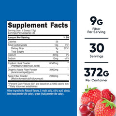 Nutricost Soluble Fiber Berry Powder label highlighting vegan and gluten-free features.