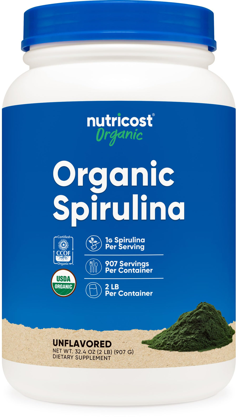 Nutricost Organic Spirulina powder 2lb bottle with label, convenient protein source for smoothies.