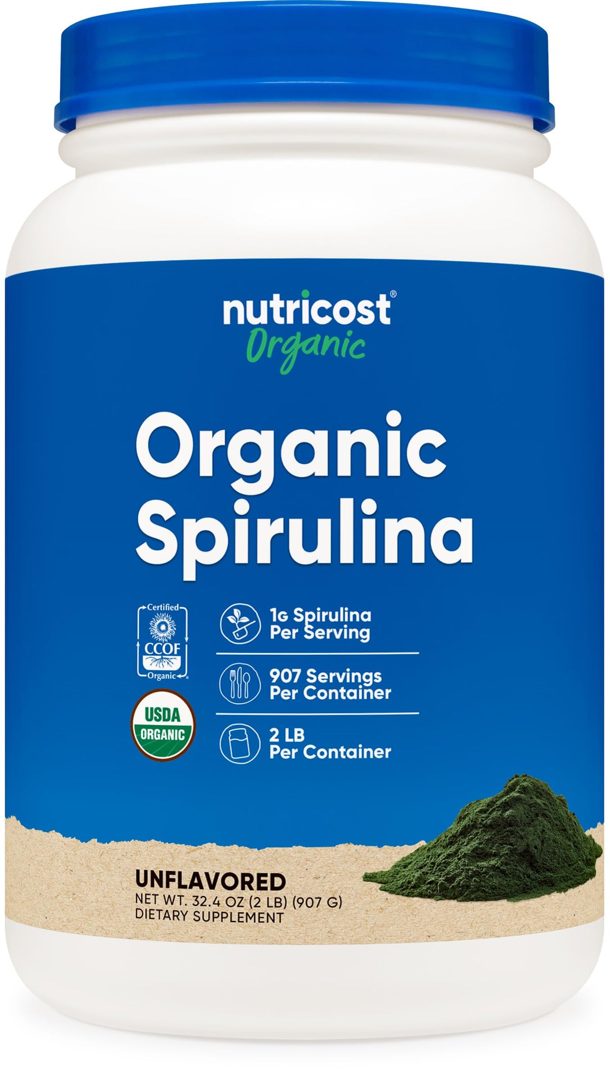 Nutricost Organic Spirulina powder 2lb bottle with label, convenient protein source for smoothies.