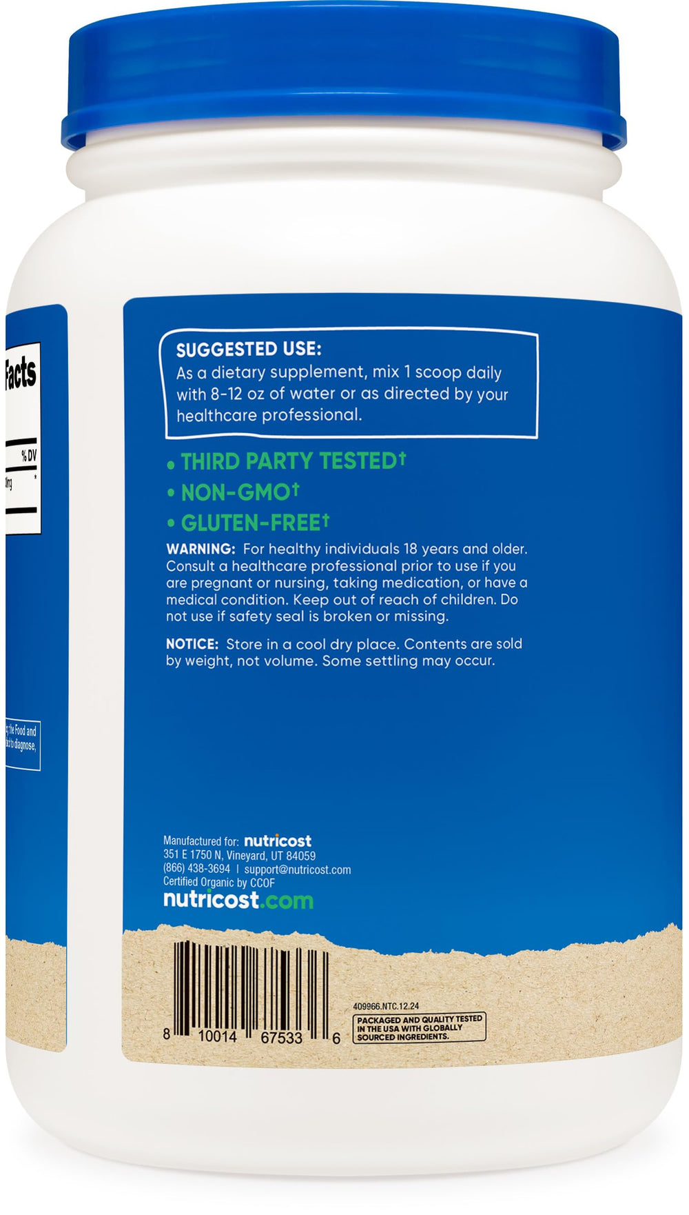 Nutricost spirulina powder facility badge and packaging, produced in GMP-compliant, FDA-registered setting.
