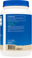 Nutricost spirulina powder facility badge and packaging, produced in GMP-compliant, FDA-registered setting.