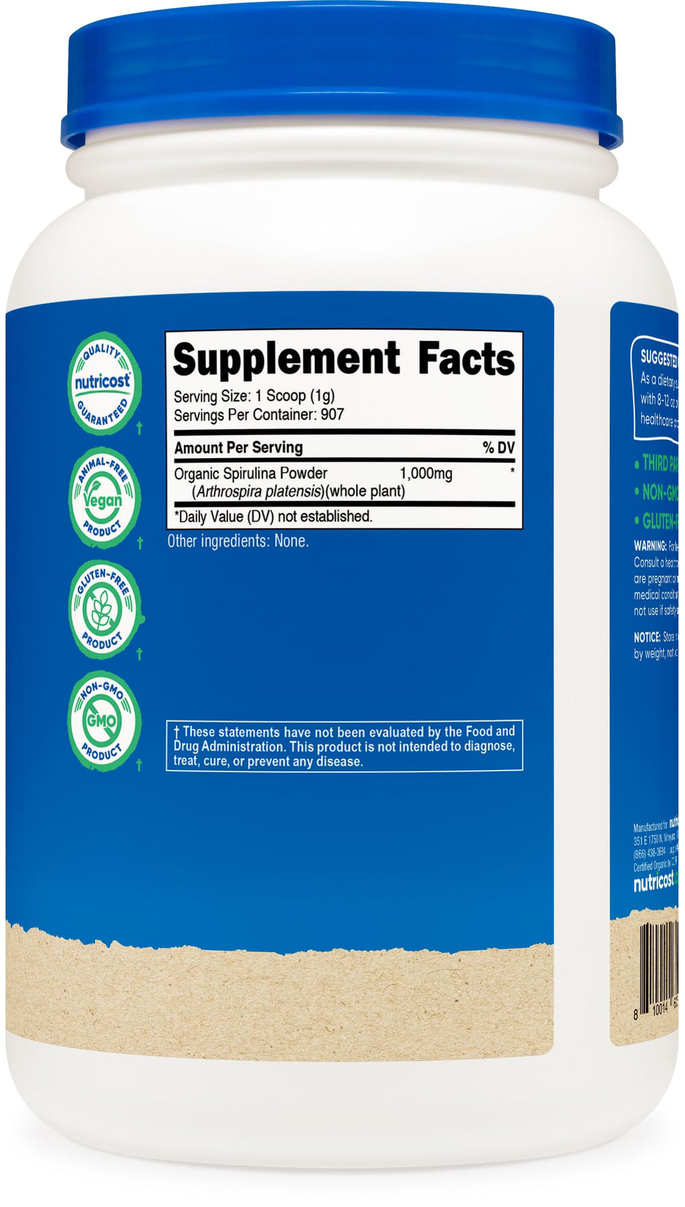Nutricost spirulina powder being added to smoothie, showcasing convenient daily use.