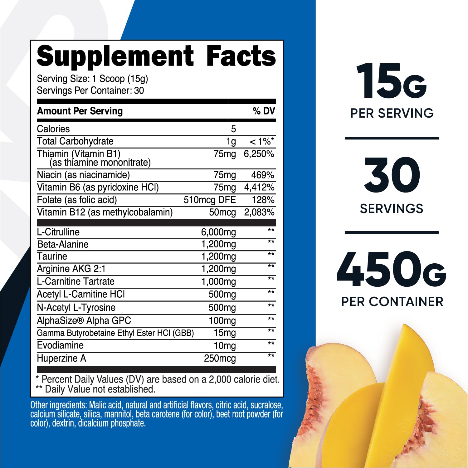 Nutricost Stim-Free Pre-Workout Peach Mango scoop used to measure the dose