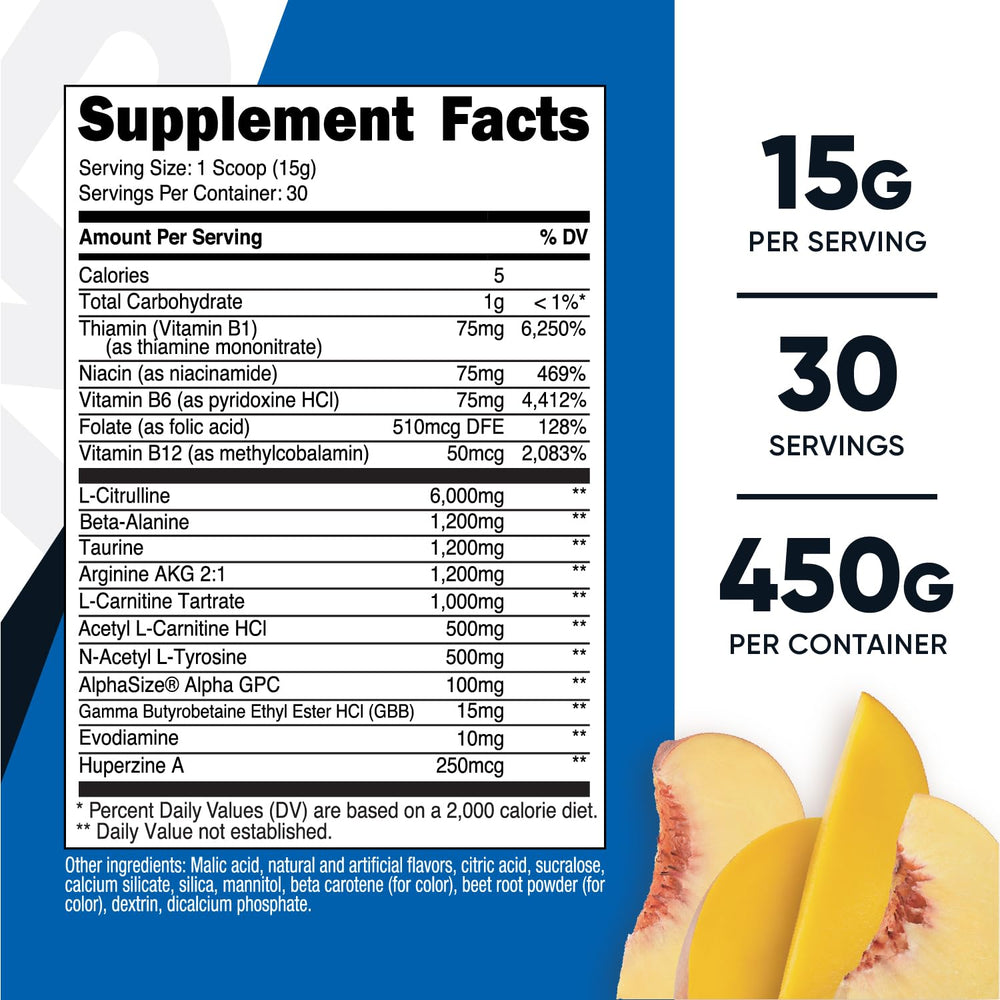 Nutricost Stim-Free Pre-Workout Peach Mango scoop used to measure the dose