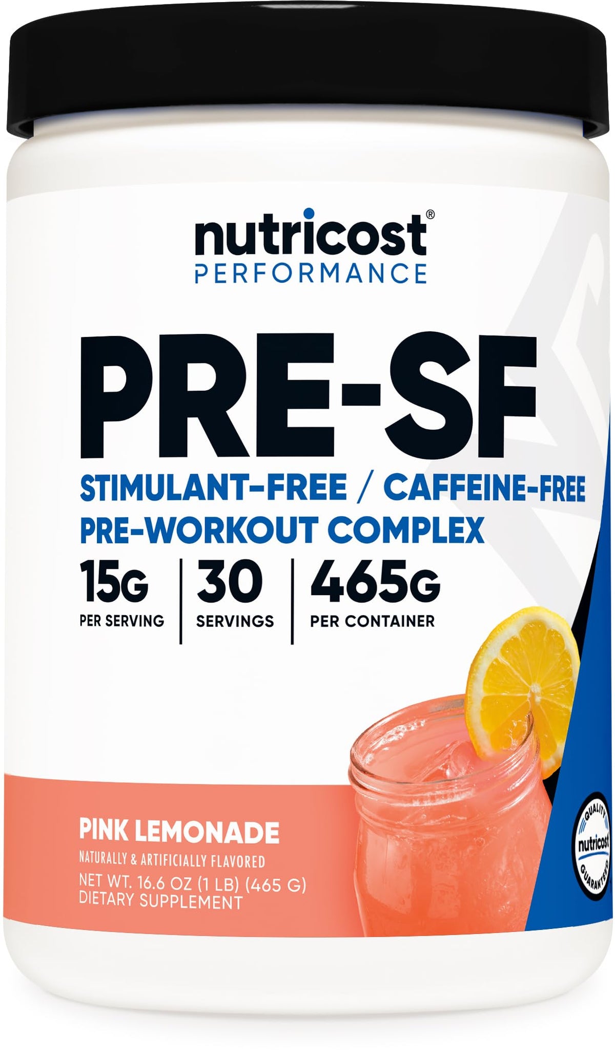 Nutricost Stim-Free Pre-Workout pink lemonade bottle for caffeine-free workouts.