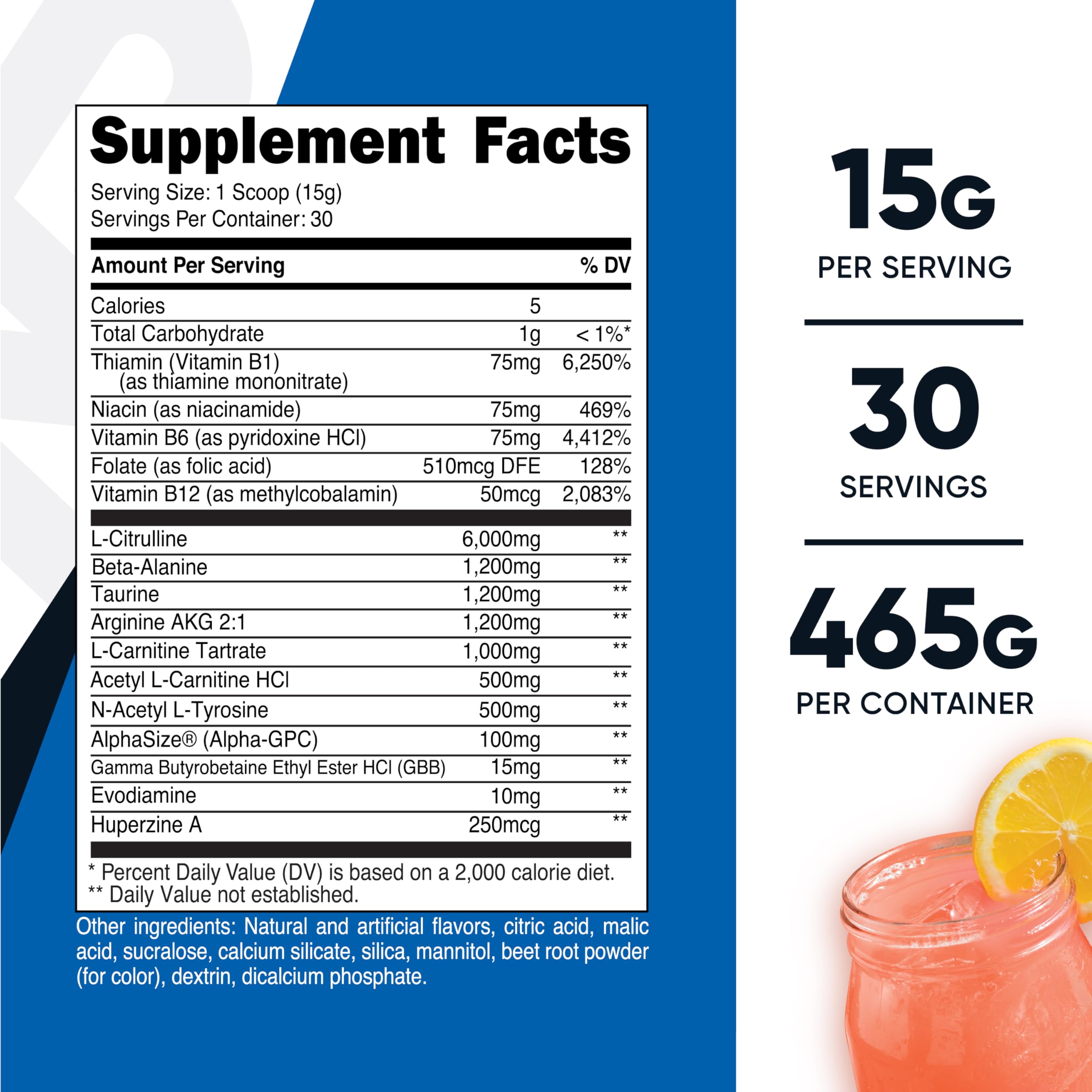 Nutricost Stim-Free Pre-Workout pink lemonade label highlights non-GMO ingredients.