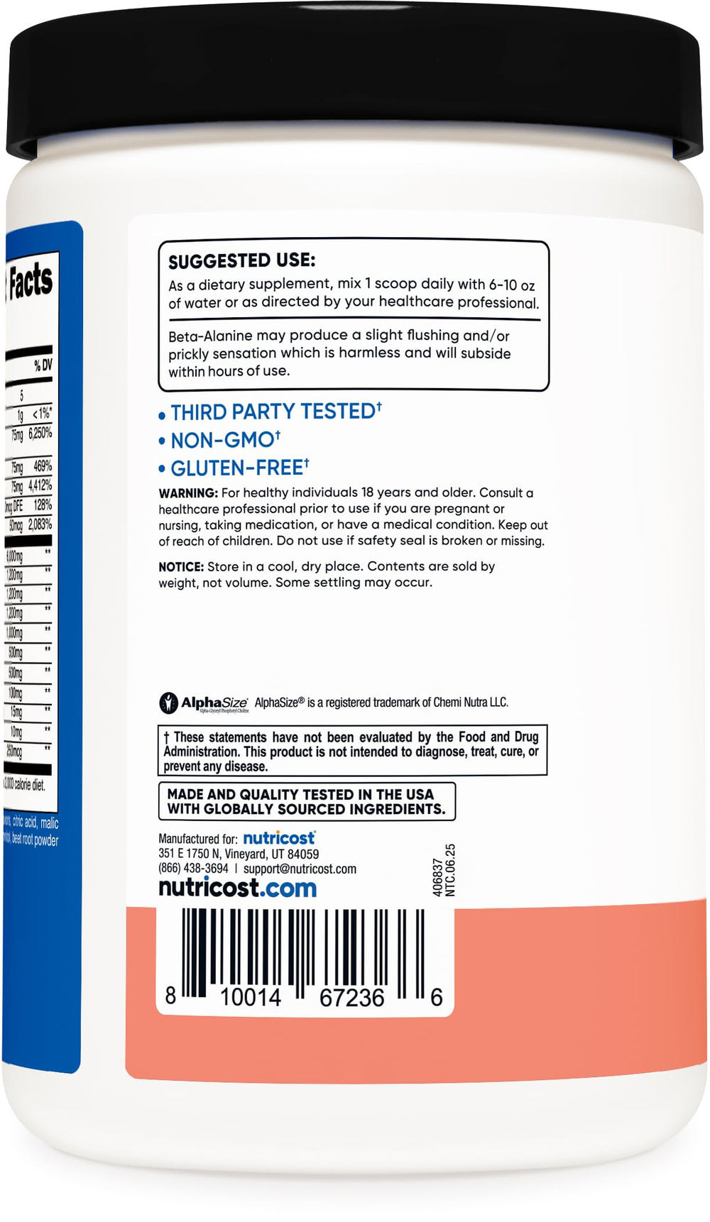 Nutricost Stim-Free Pre-Workout pink lemonade bottle with pour-spoon for precise serving.