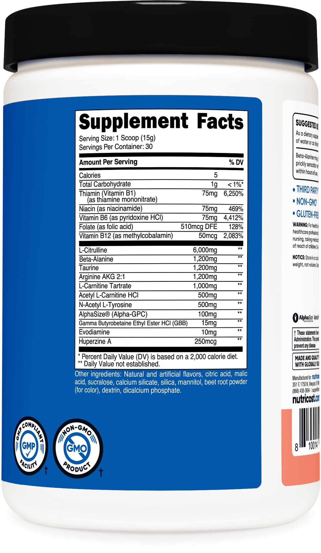 Nutricost Stim-Free Pre-Workout pink lemonade serving scoop emphasizes 30 servings.