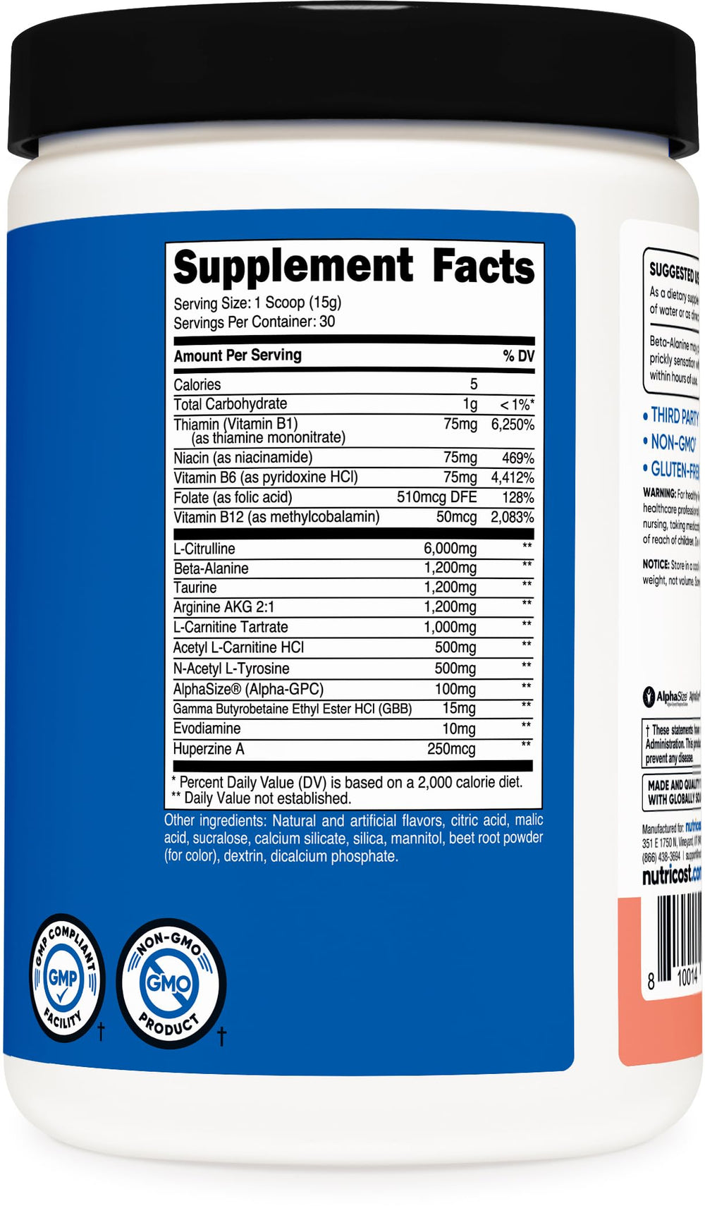 Nutricost Stim-Free Pre-Workout pink lemonade serving scoop emphasizes 30 servings.