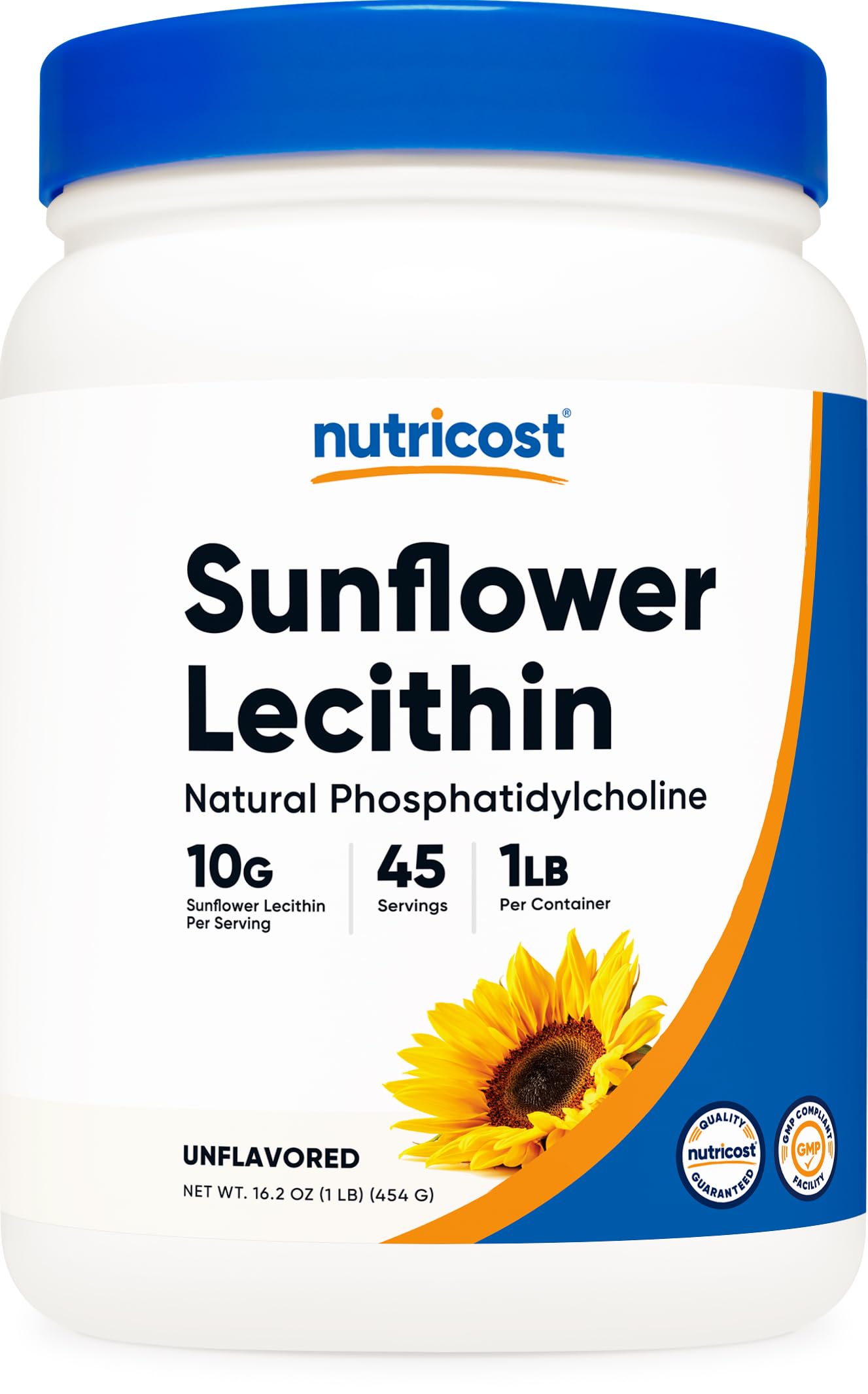 Nutricost Sunflower Lecithin powder in a 1lb tub, ready for emulsifying beverages.