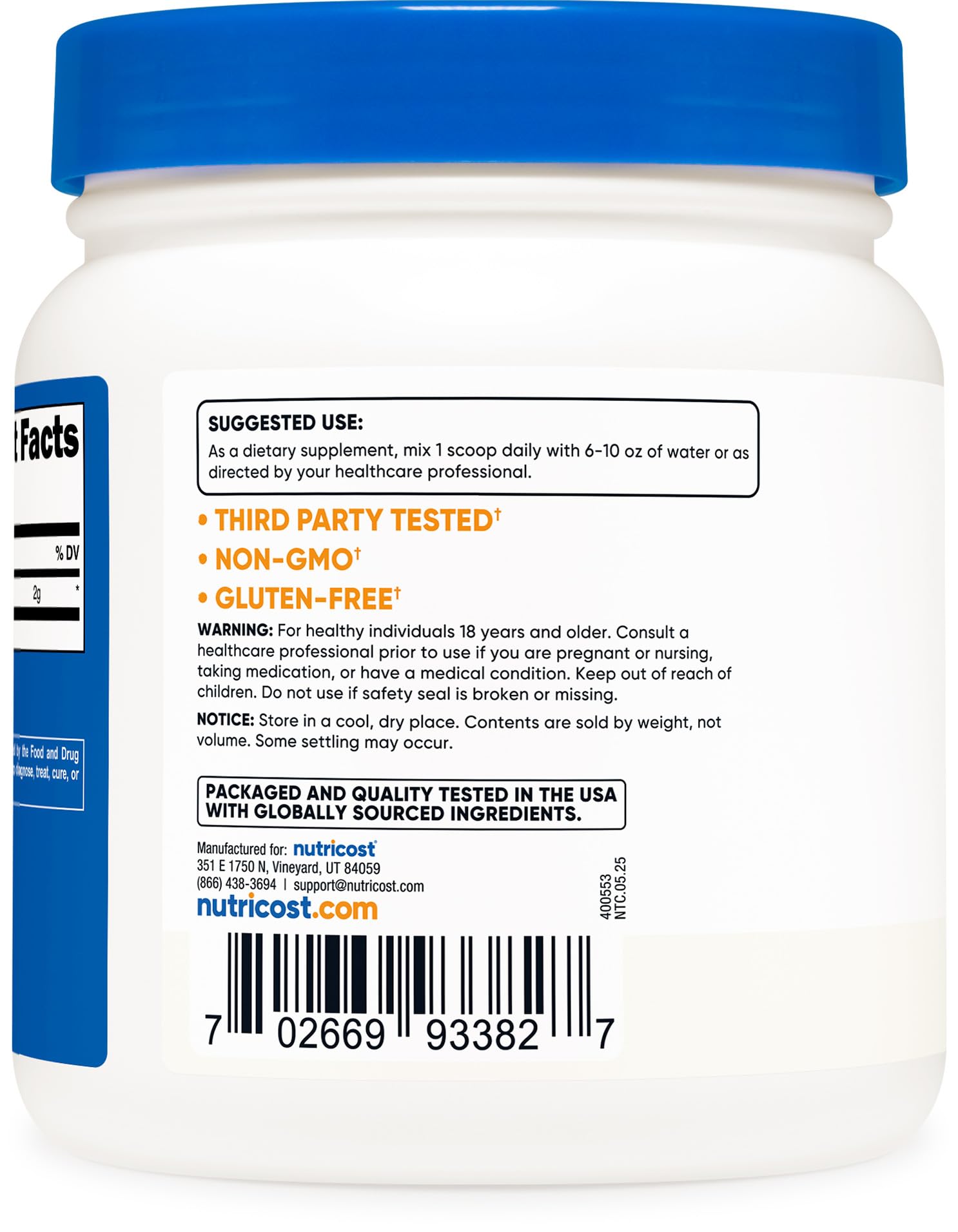 Nutricost Taurine Powder bottle in FDA-registered facility context emphasizing safety