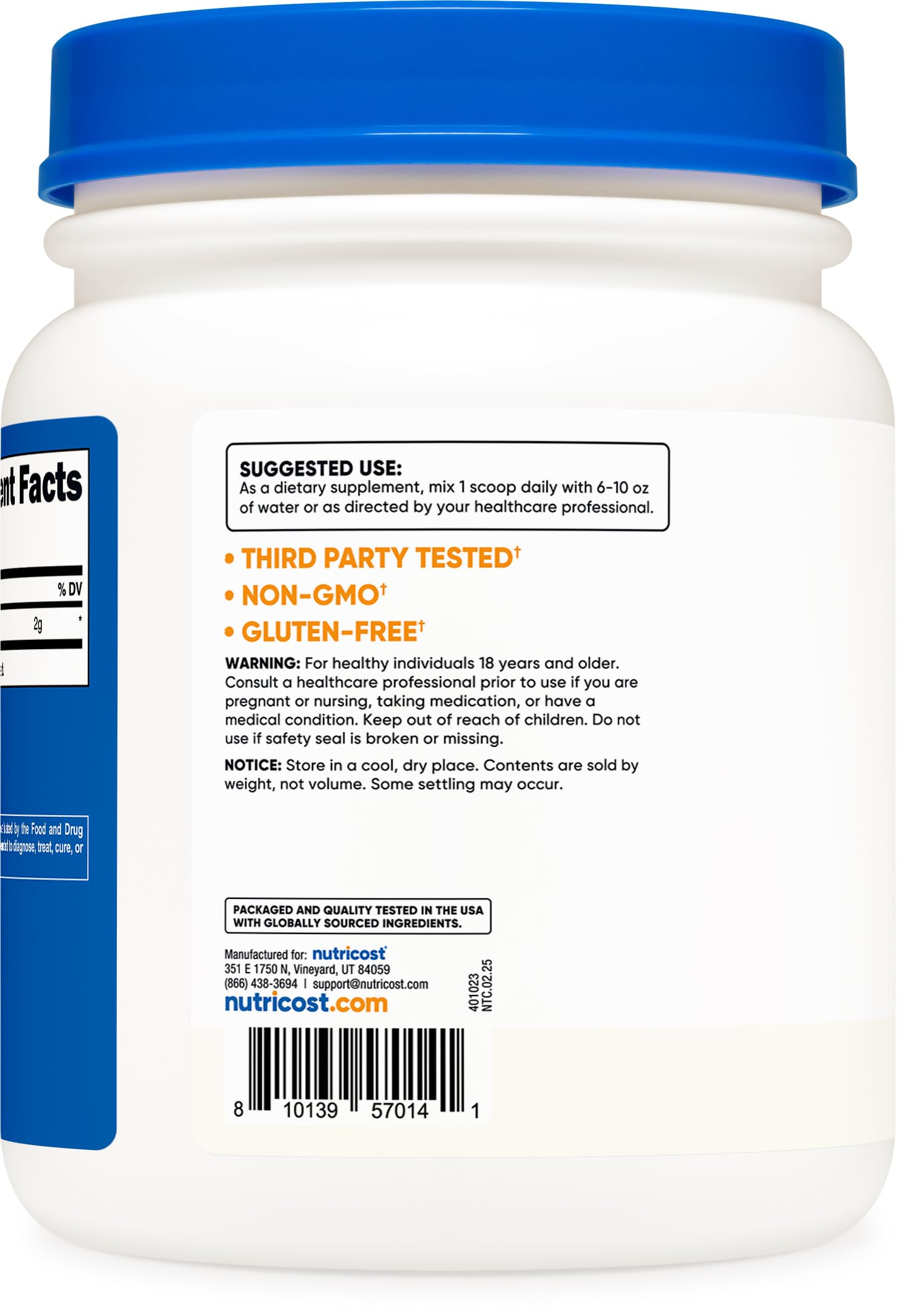 Nutricost Taurine Powder bottle on kitchen counter with label.