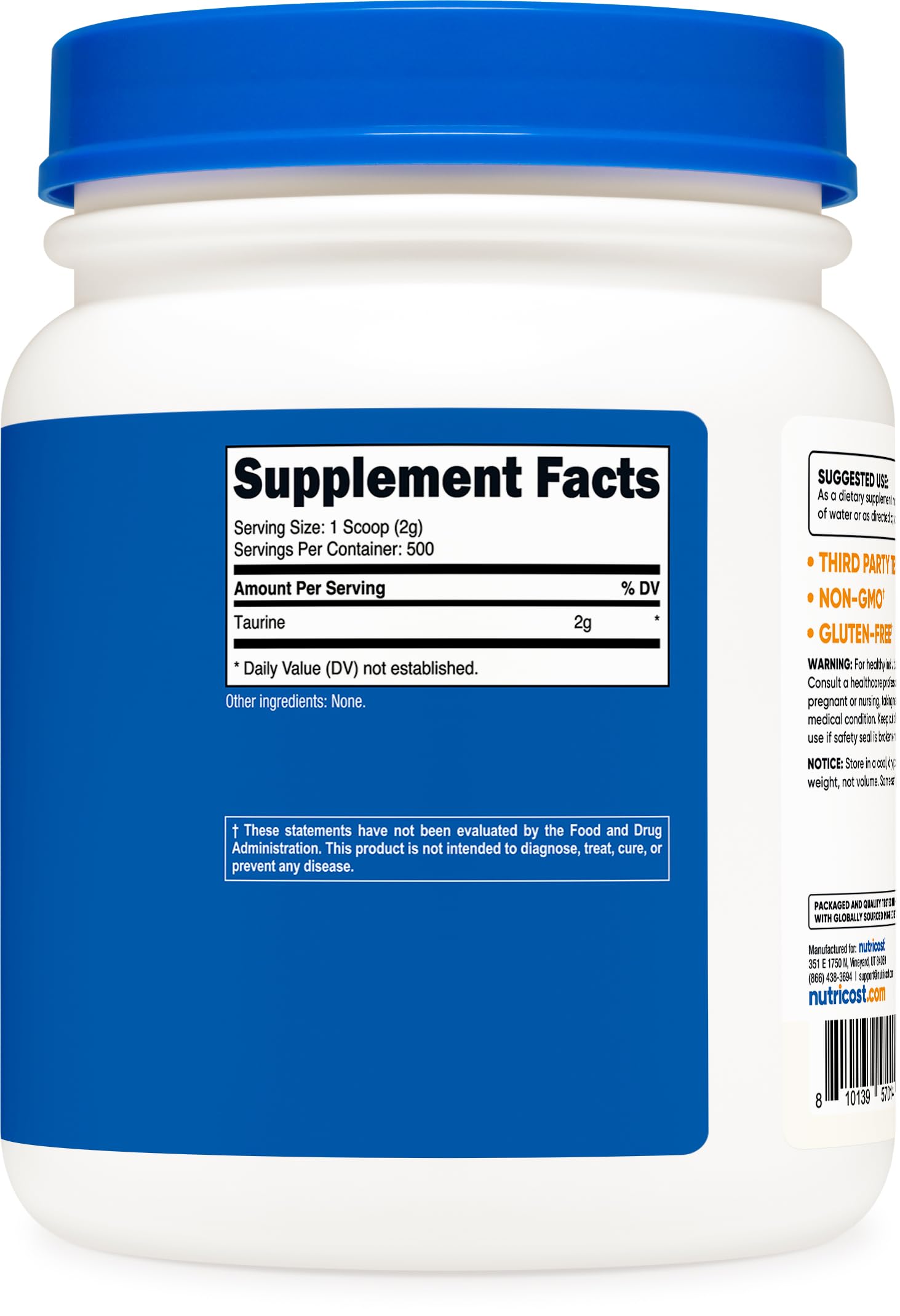 Nutricost Taurine Powder product label close-up emphasizing quality testing.