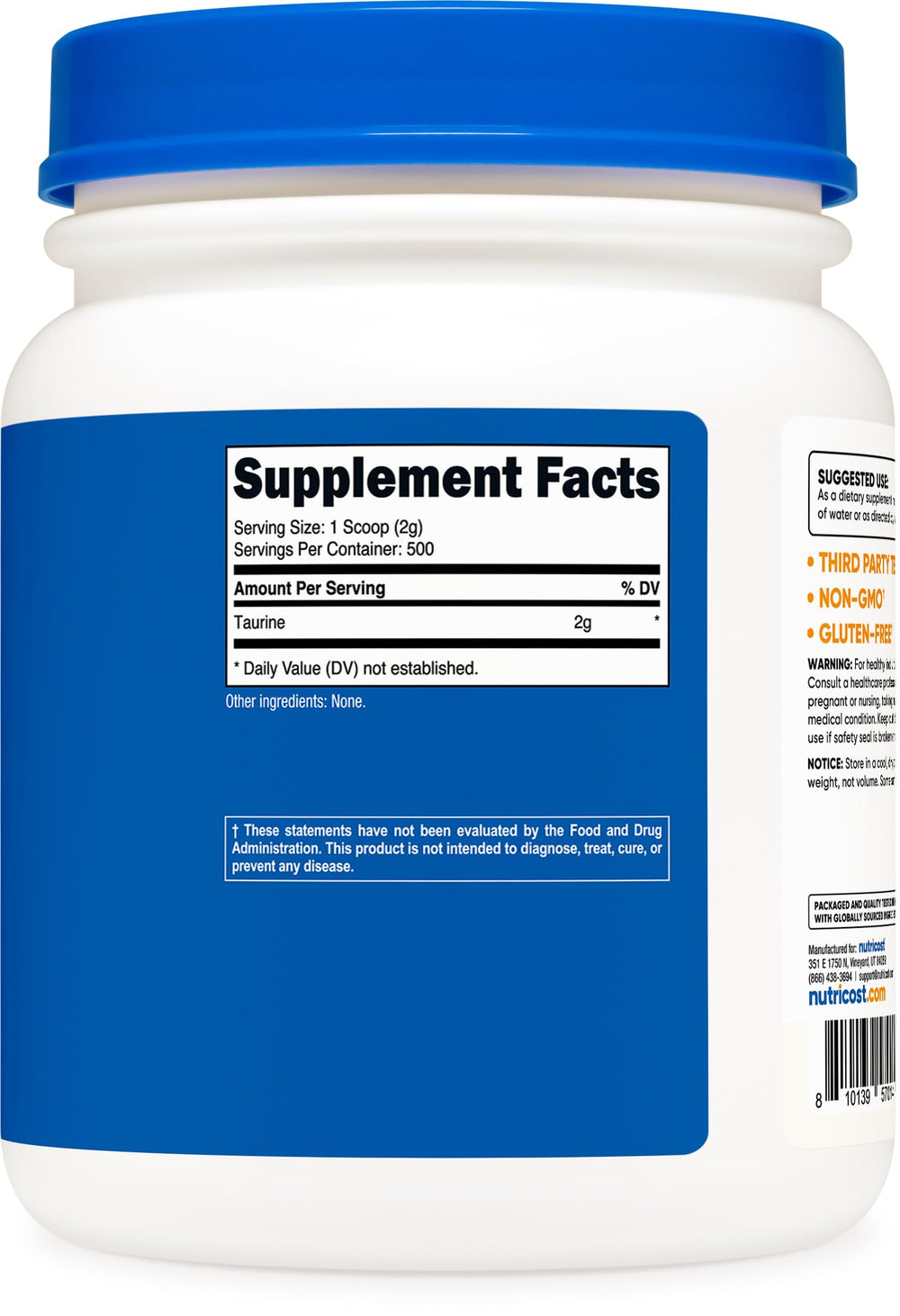 Nutricost Taurine Powder product label close-up emphasizing quality testing.