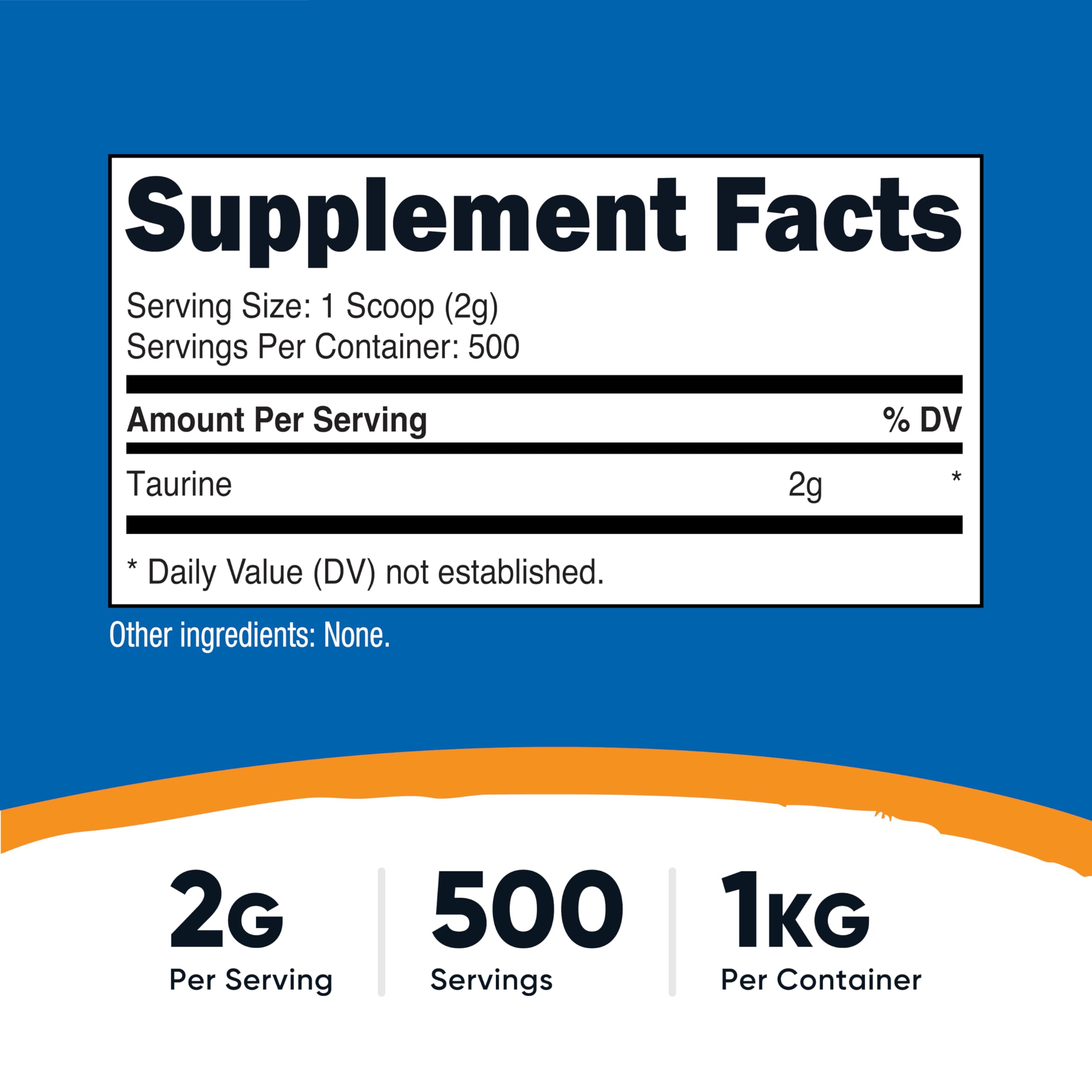 Nutricost Taurine Powder scoop in bottle shows precise 2 g serving.