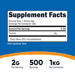 Nutricost Taurine Powder scoop in bottle shows precise 2 g serving.