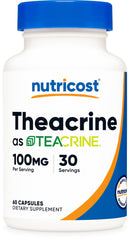 Nutricost Teacrine bottle front view showing vegan, GMO-free supplement for daily vitality