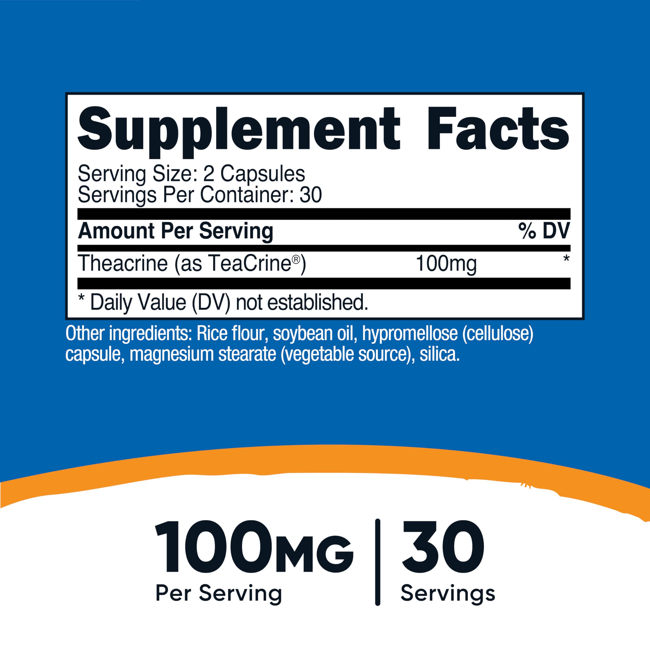 Nutricost Teacrine capsules close-up emphasizing 100 mg serving