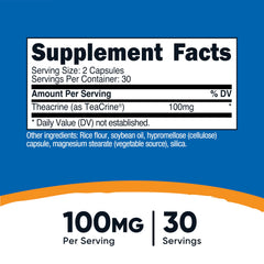 Nutricost Teacrine capsules close-up emphasizing 100 mg serving