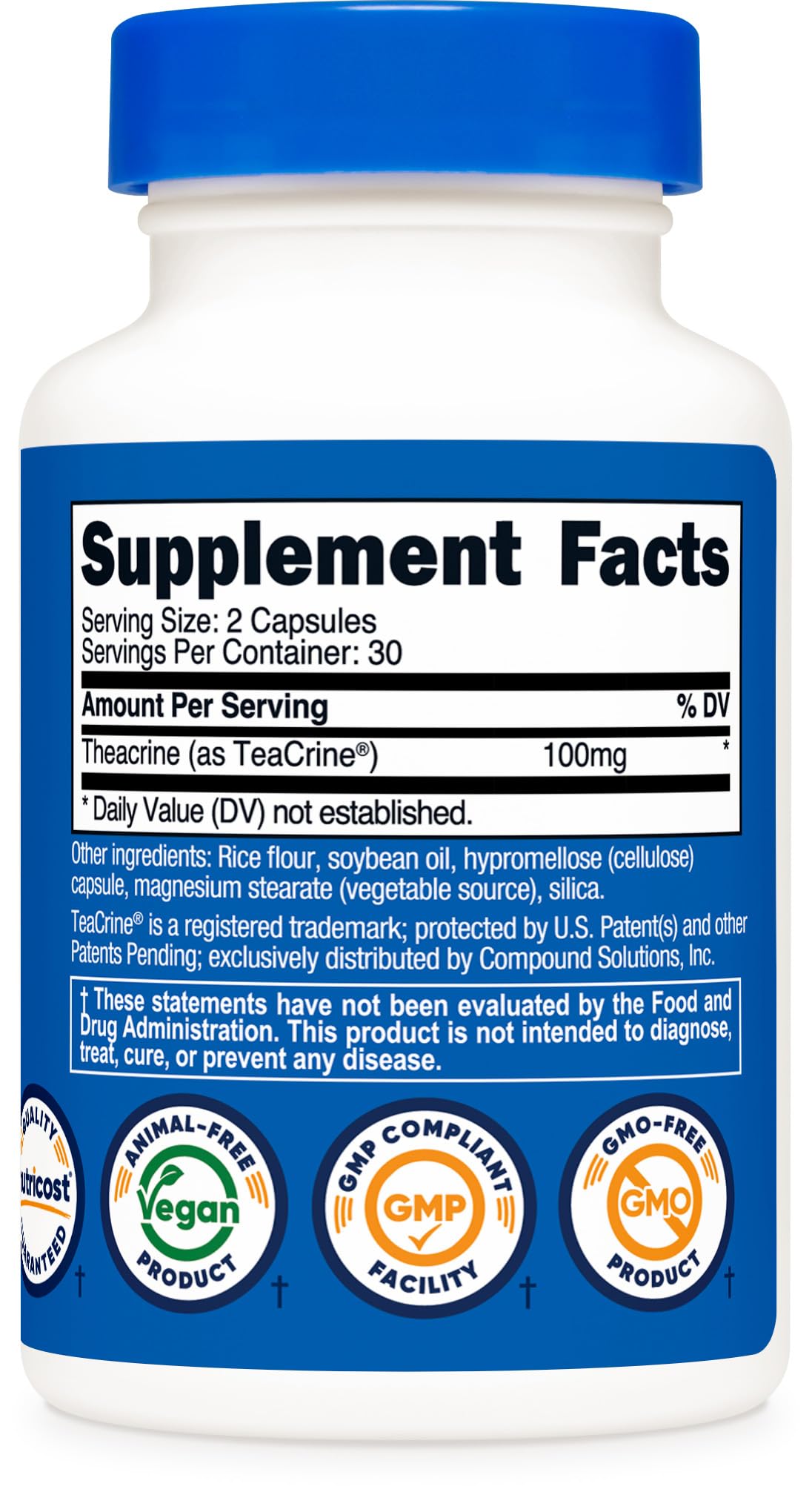 Nutricost Teacrine packaging shot indicating NSF GMP-tested quality