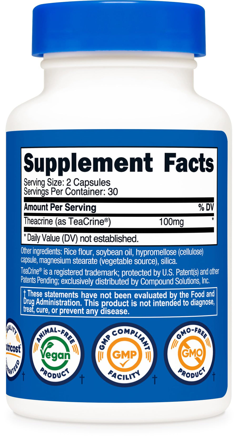 Nutricost Teacrine packaging shot indicating NSF GMP-tested quality