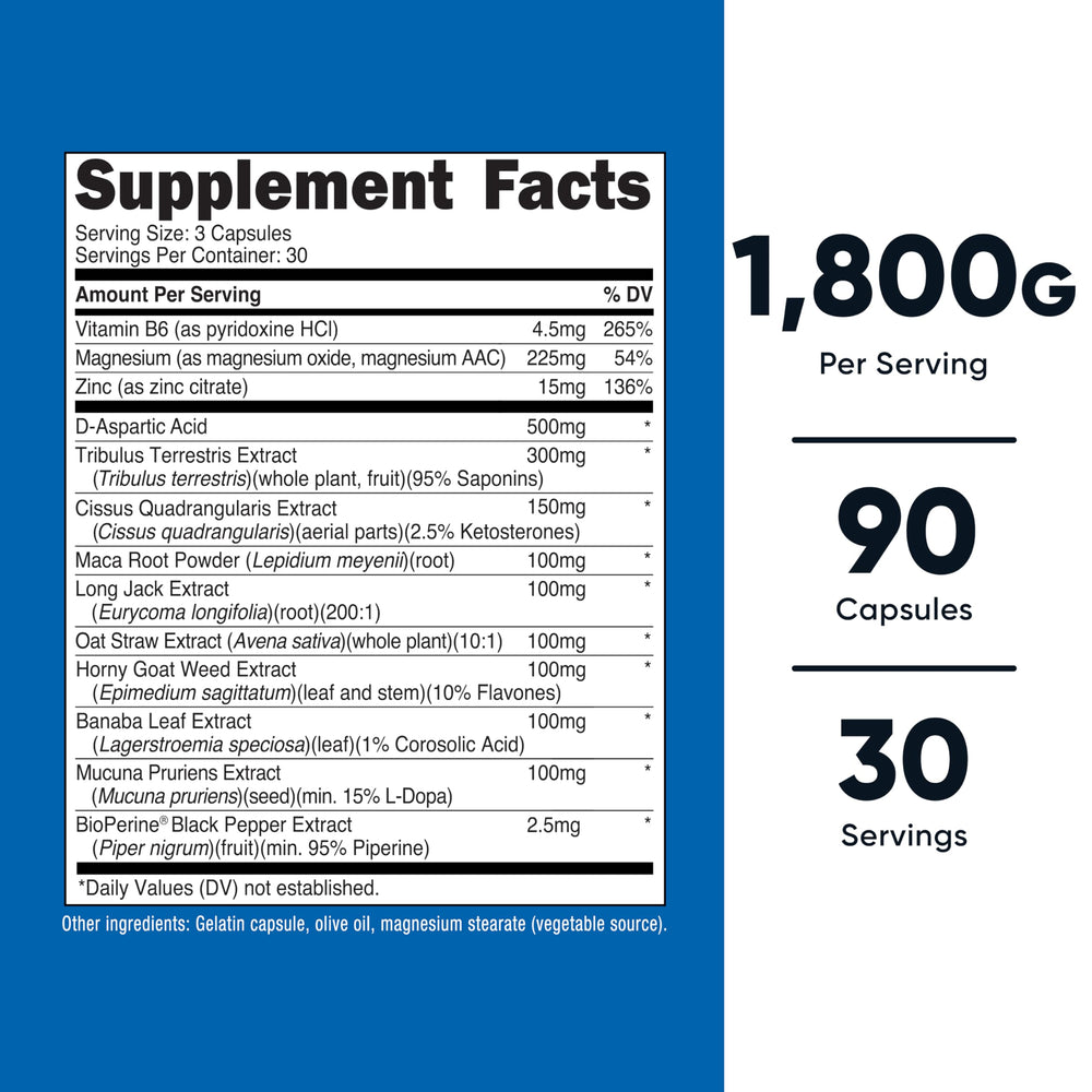 Nutricost Testosterone Support bottle label highlights ingredients for potential hormonal support.