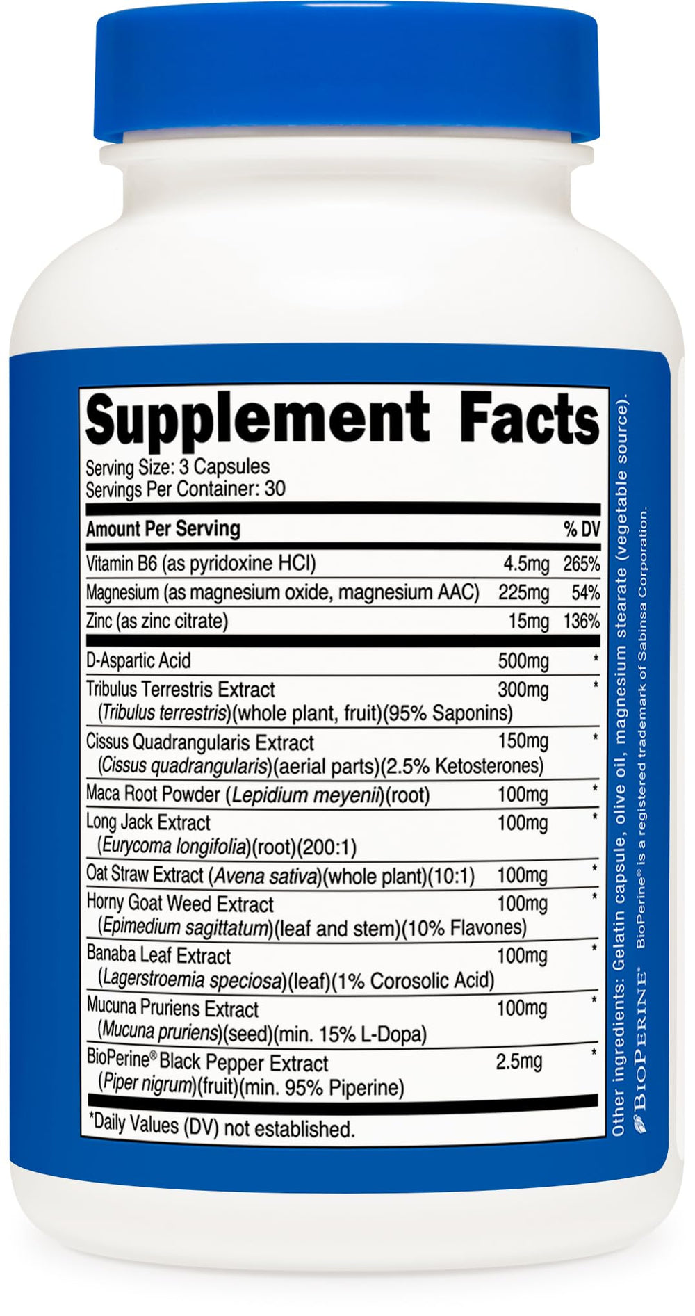Nutricost Testosterone Support bottle pour illustrating a 3-capsule serving.