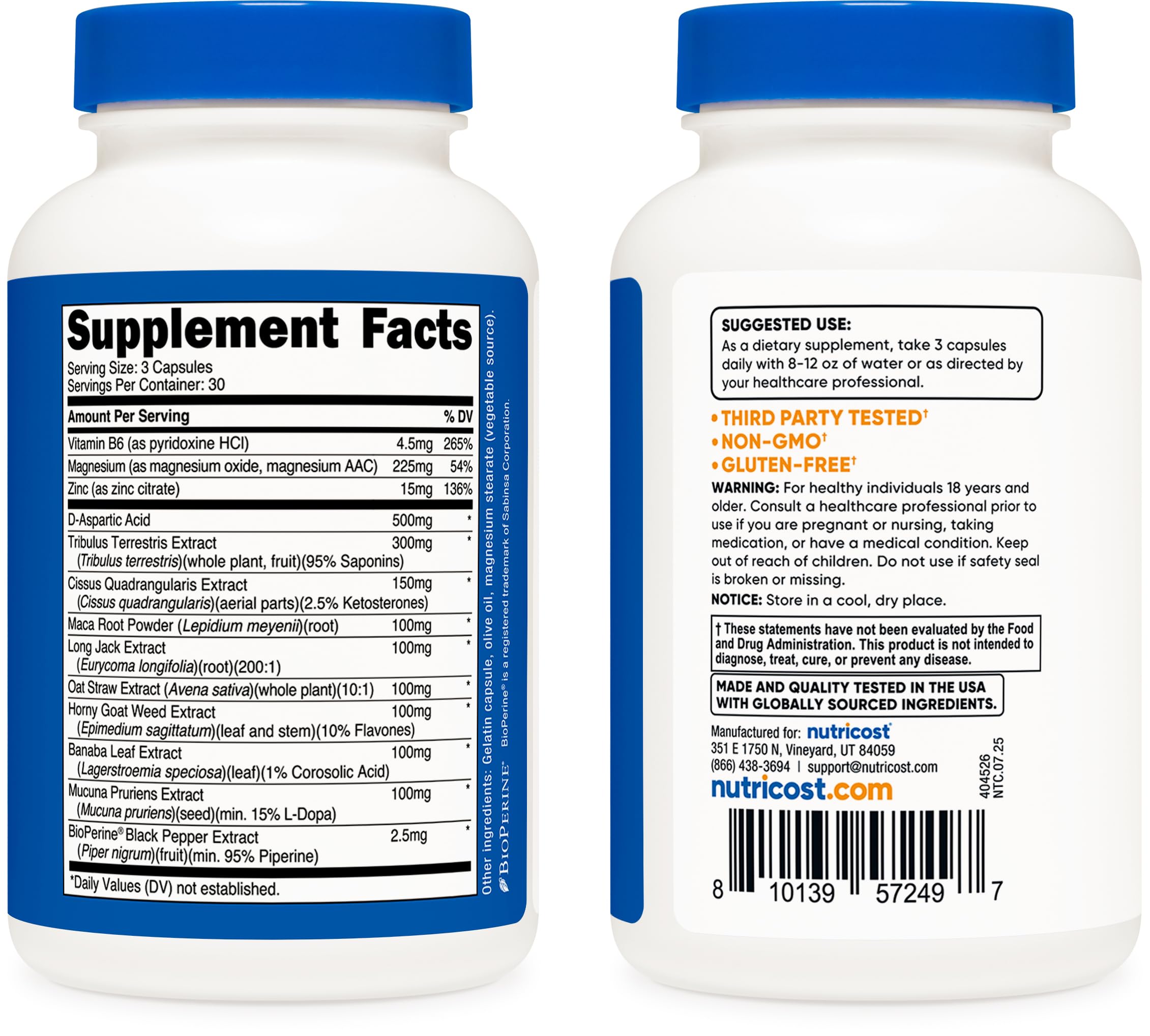 Nutricost Testosterone Support ingredients graphic highlighting zinc and magnesium for micronutrient support.