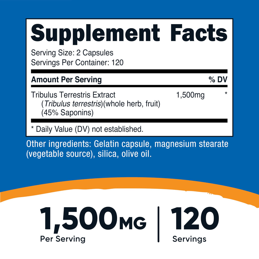Nutricost Tribulus Terrestris capsules closeup highlighting easy-to-swallow capsules