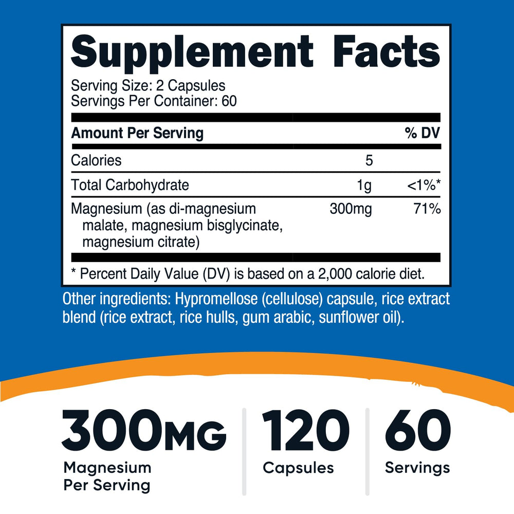 Nutricost Triple Magnesium Complex capsules close-up showing three forms for absorption.