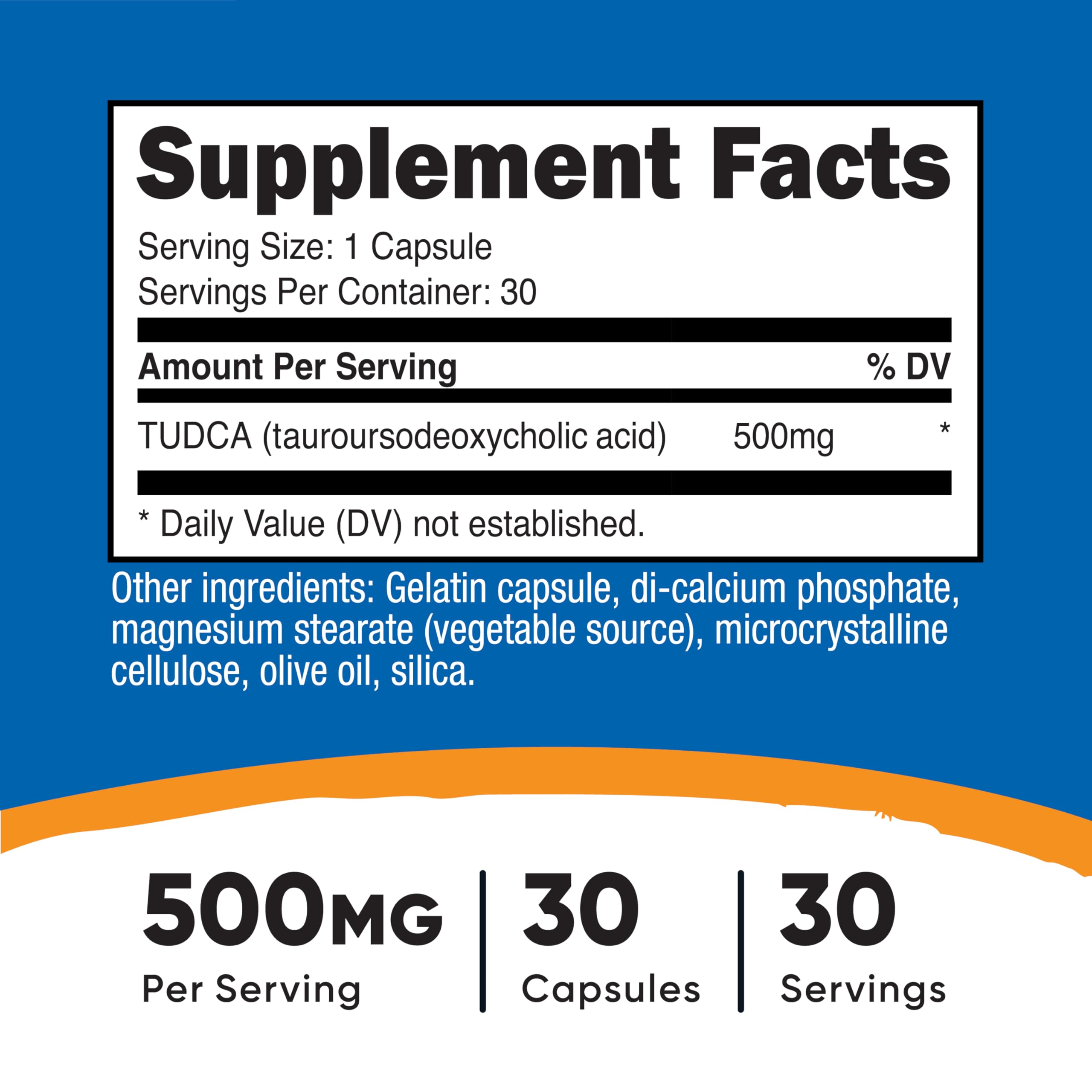 Nutricost Tudca bottle label closeup: clear ingredients and quality cues.