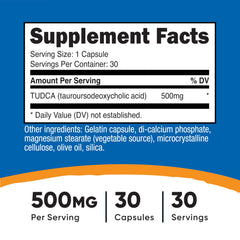 Nutricost Tudca bottle label closeup: clear ingredients and quality cues.