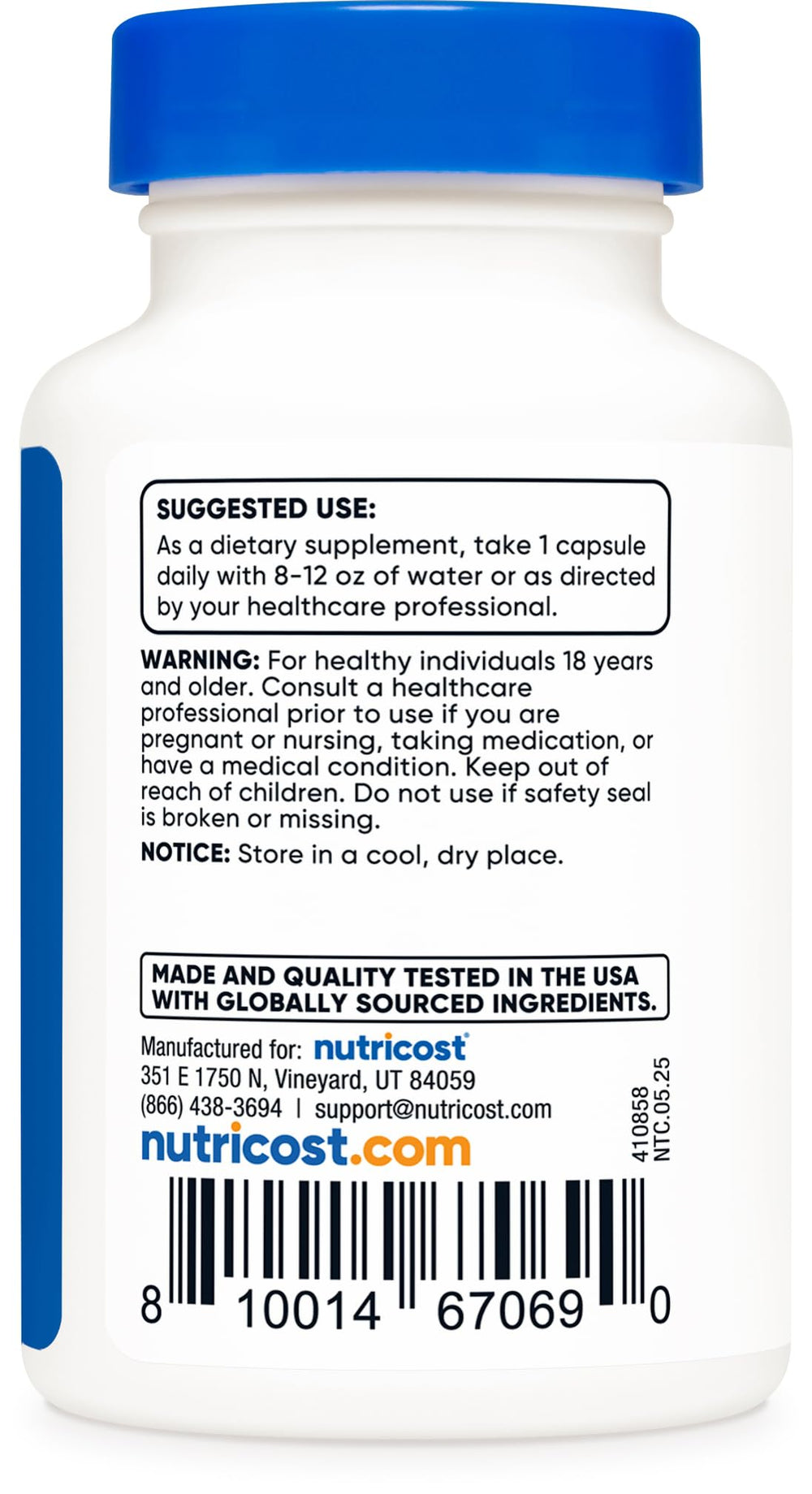 Nutricost Tudca packaging and foil seal: secure, non-GMO, gluten-free formula.