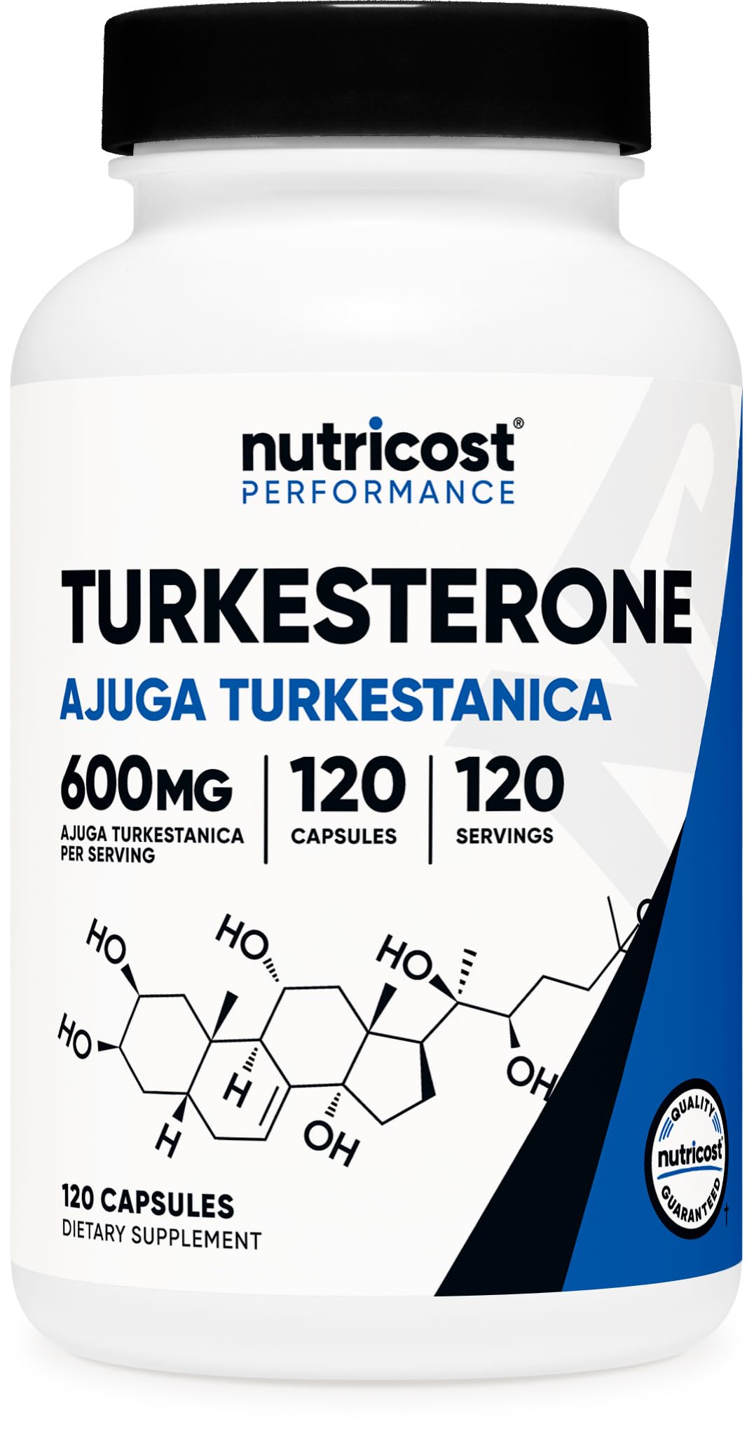 Nutricost Turkesterone bottle front with clear 600 mg per serving on label