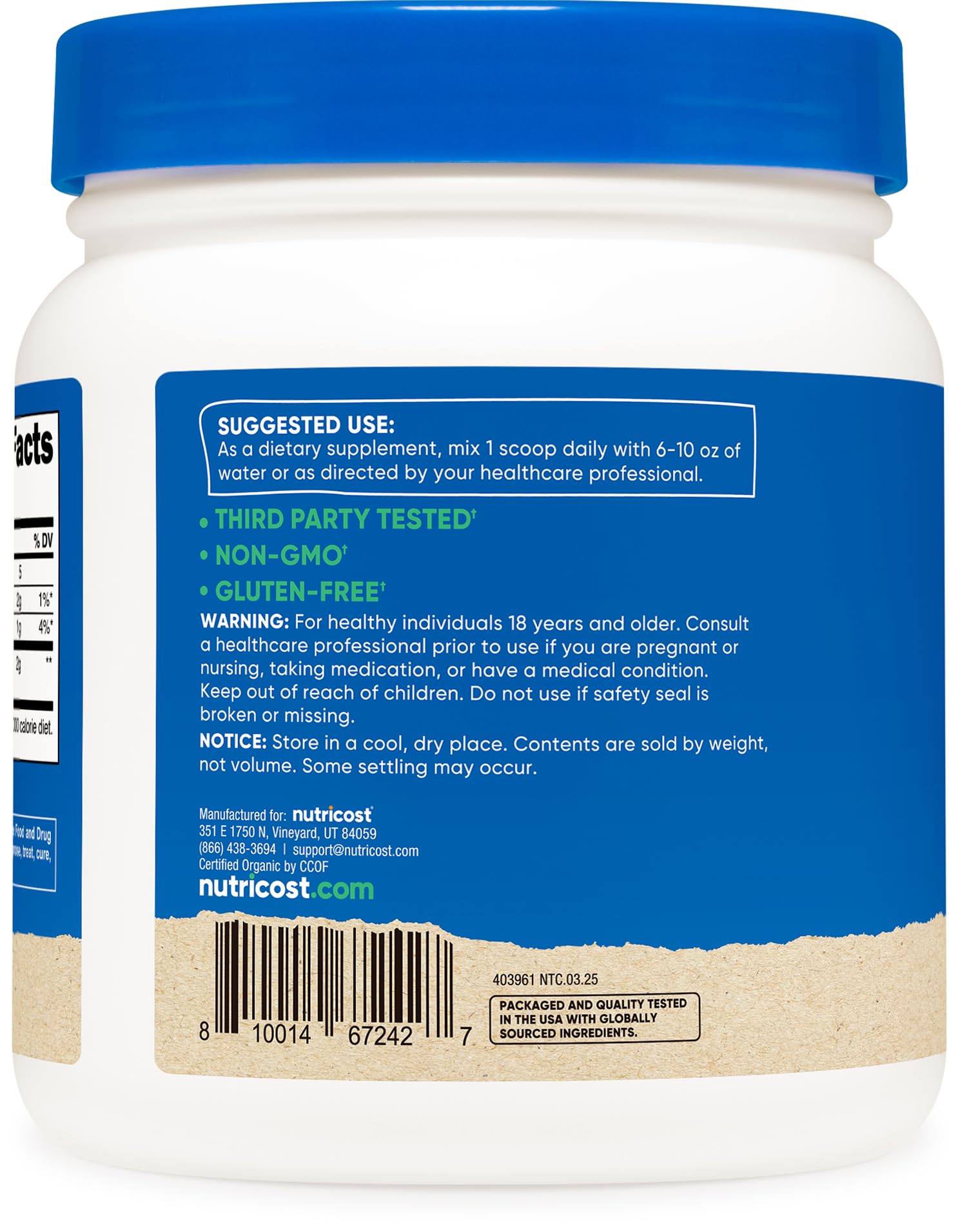 Nutricost turmeric powder shown on kitchen shelf in a glass jar