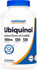 Nutricost Ubiquinol Softgels bottle front with 120-count supply for daily antioxidant support