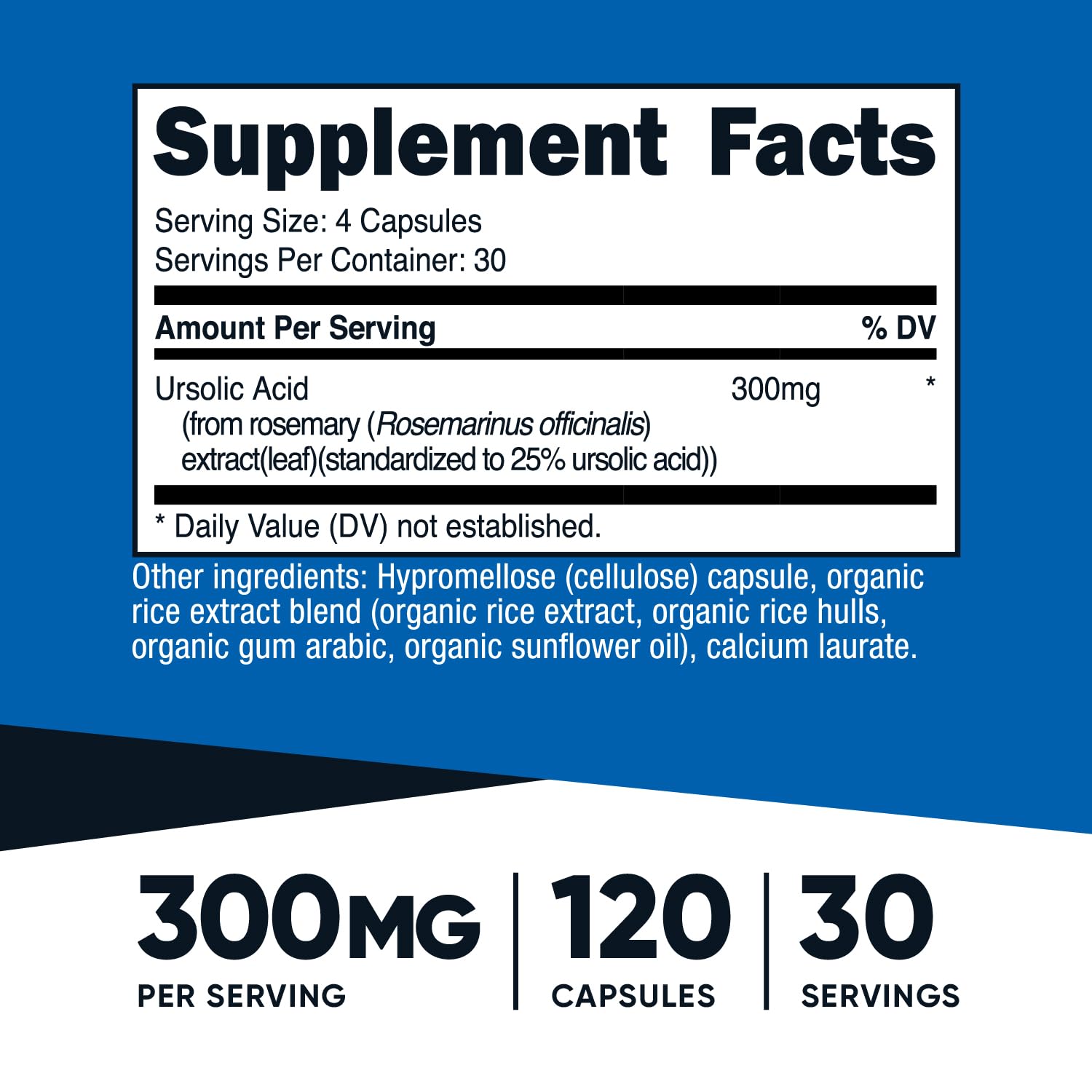 Nutricost Ursolic Acid 300mg bottle back label shows ingredients and purity standards