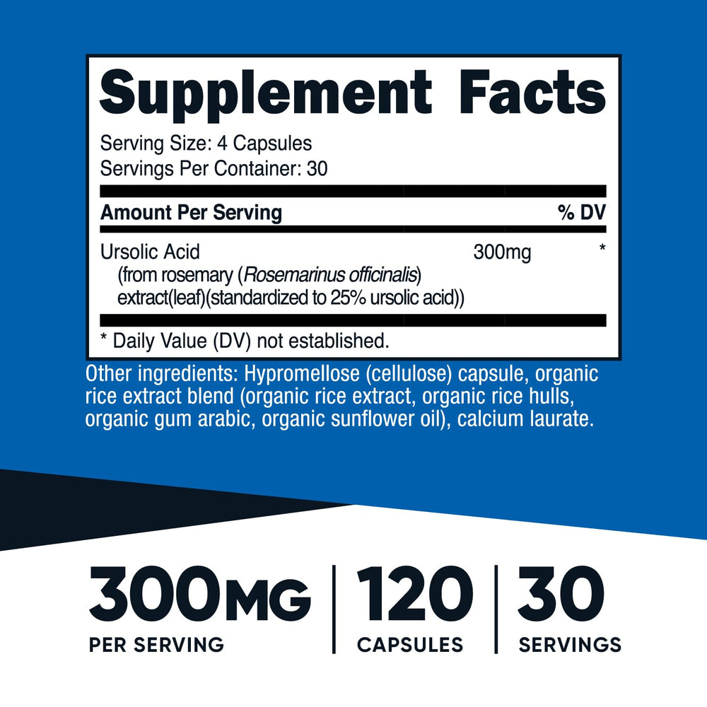 Nutricost Ursolic Acid 300mg bottle back label shows ingredients and purity standards