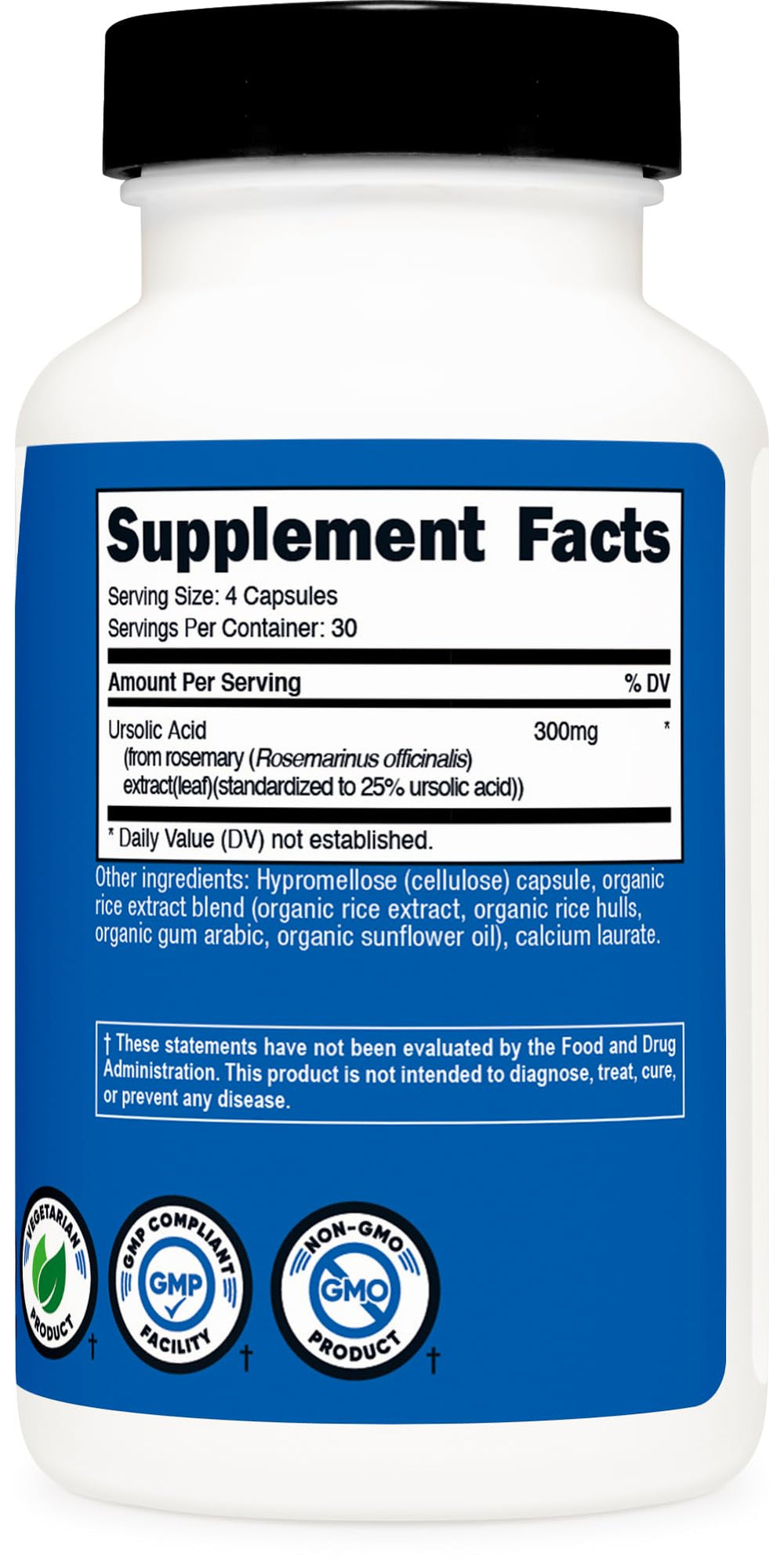 Nutricost Ursolic Acid 300mg ingredients panel notes non-GMO and gluten-free formulation