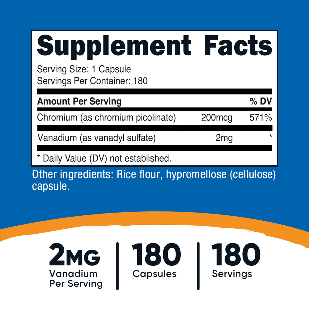 Nutricost vanadium-chromium bottle back lists dosage and servings clearly