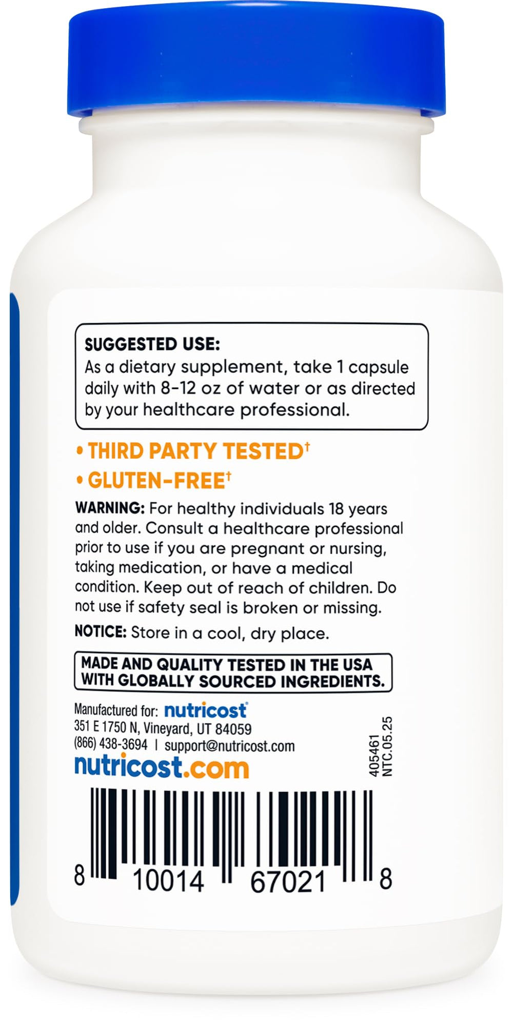 Nutricost label highlights non-GMO and gluten-free status for shoppers