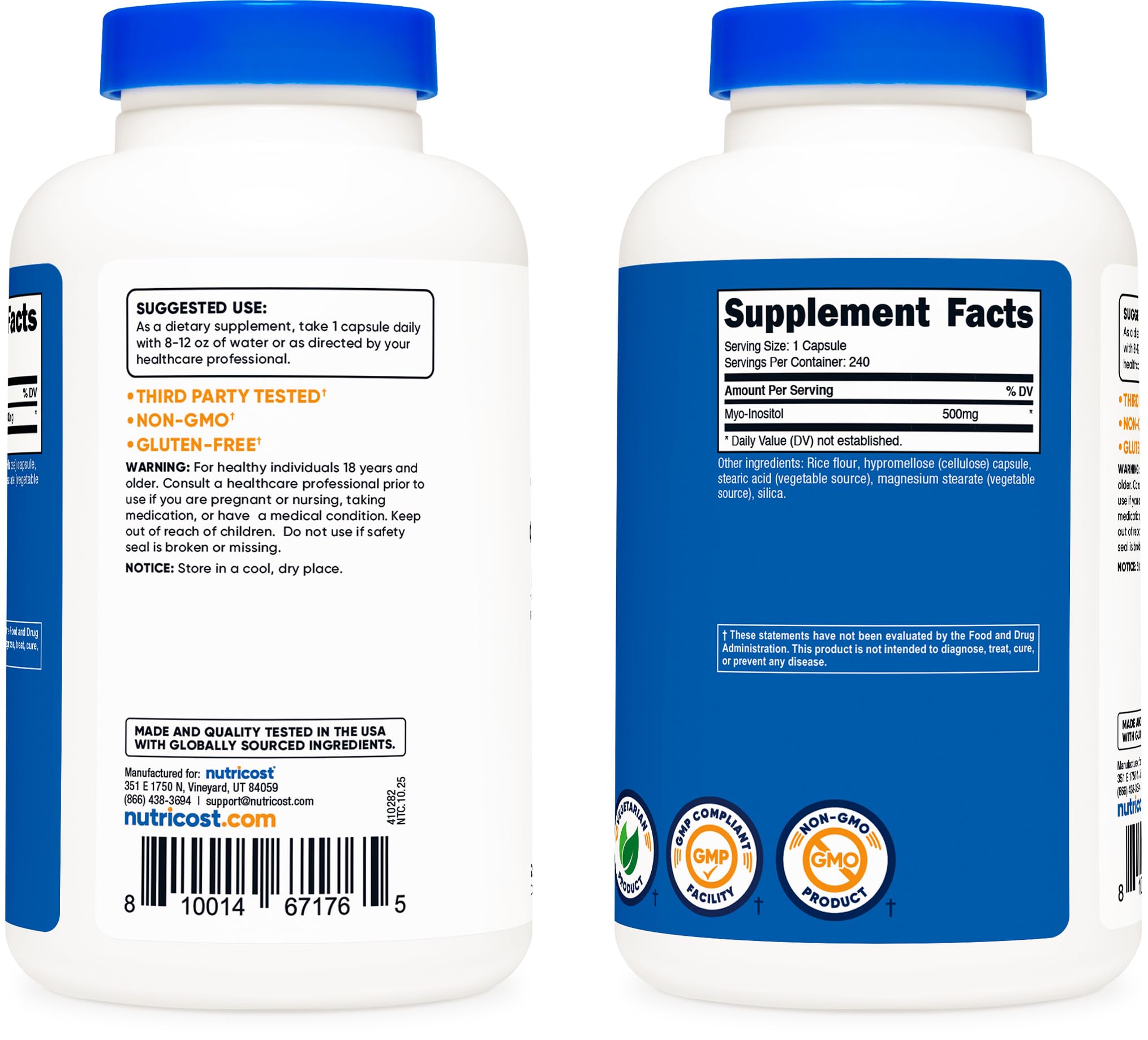 Plant-based veggie capsule from Nutricost Inositol product.