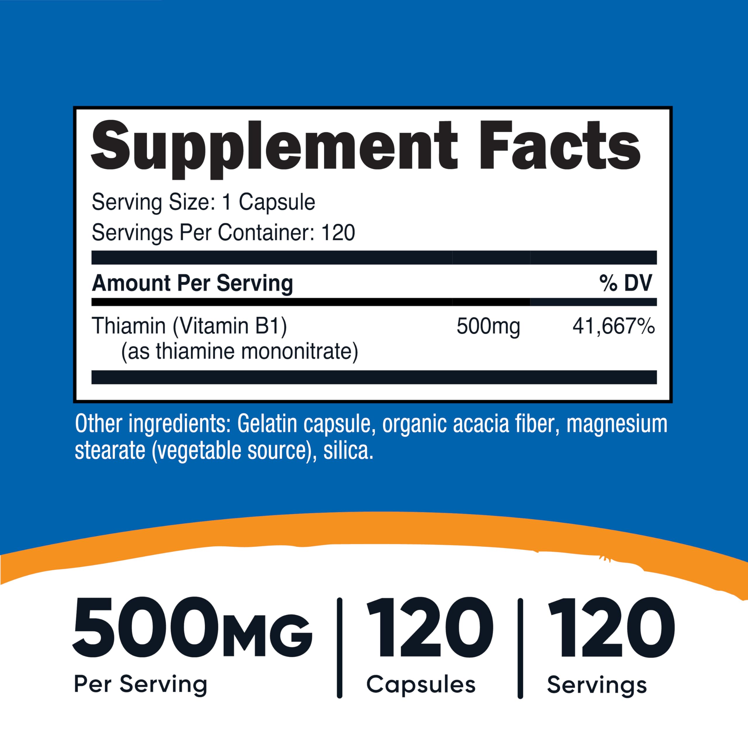 Nutricost Vitamin B1 bottle label displaying 500mg capsules