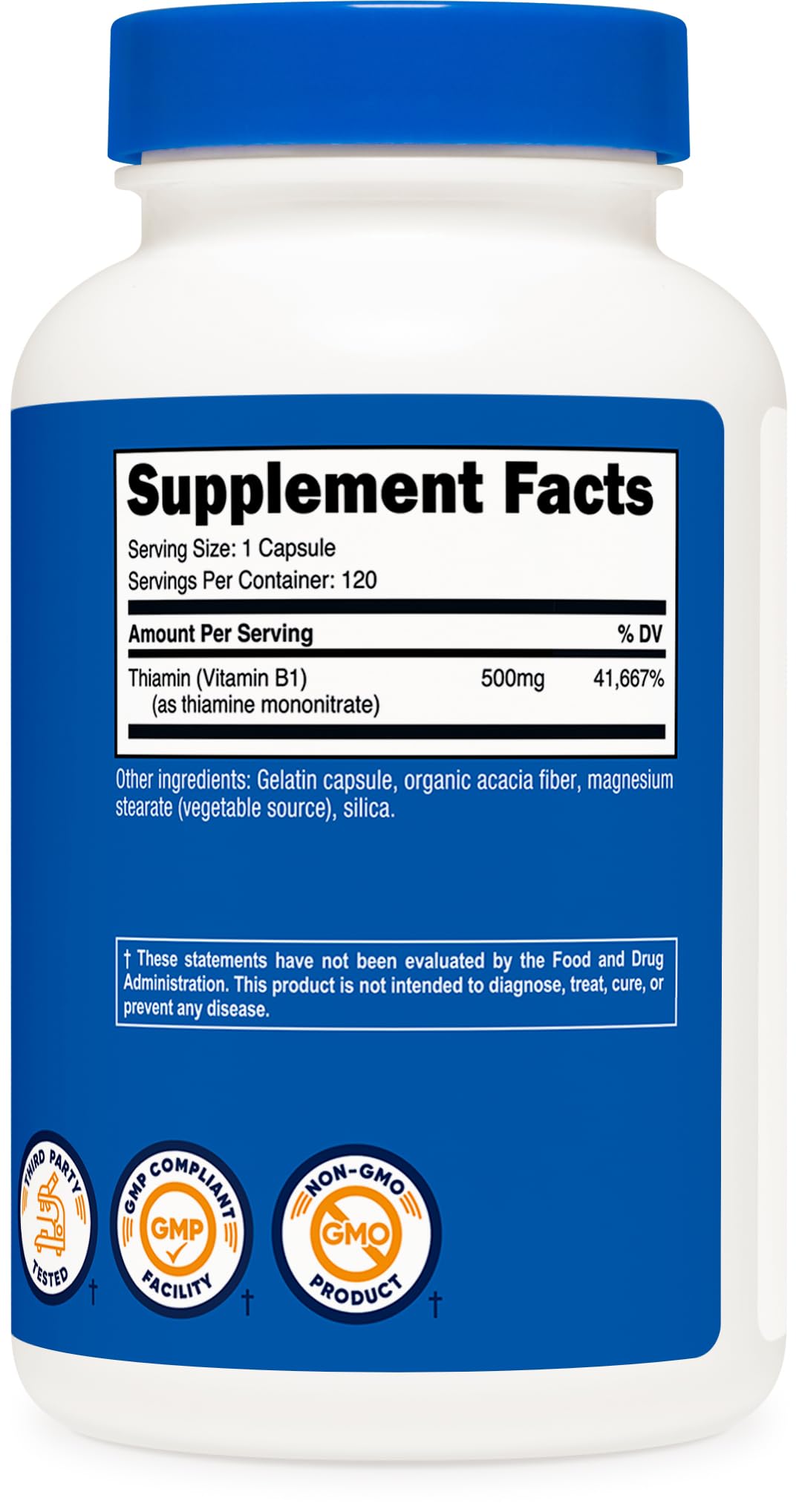 Nutricost B1 capsules on shelf suggesting month-long supply