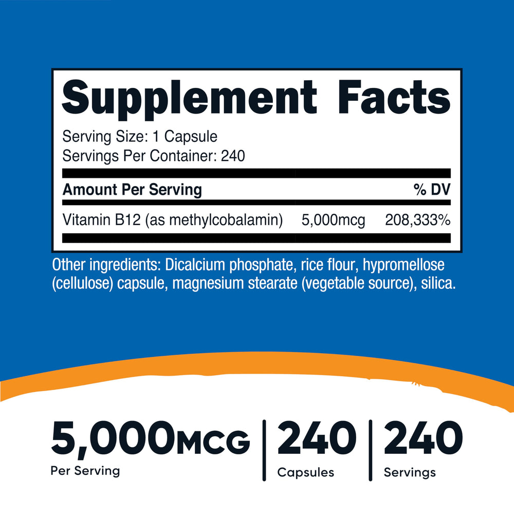 Nutricost Vitamin B12 capsules close-up, vegetarian capsules for daily use