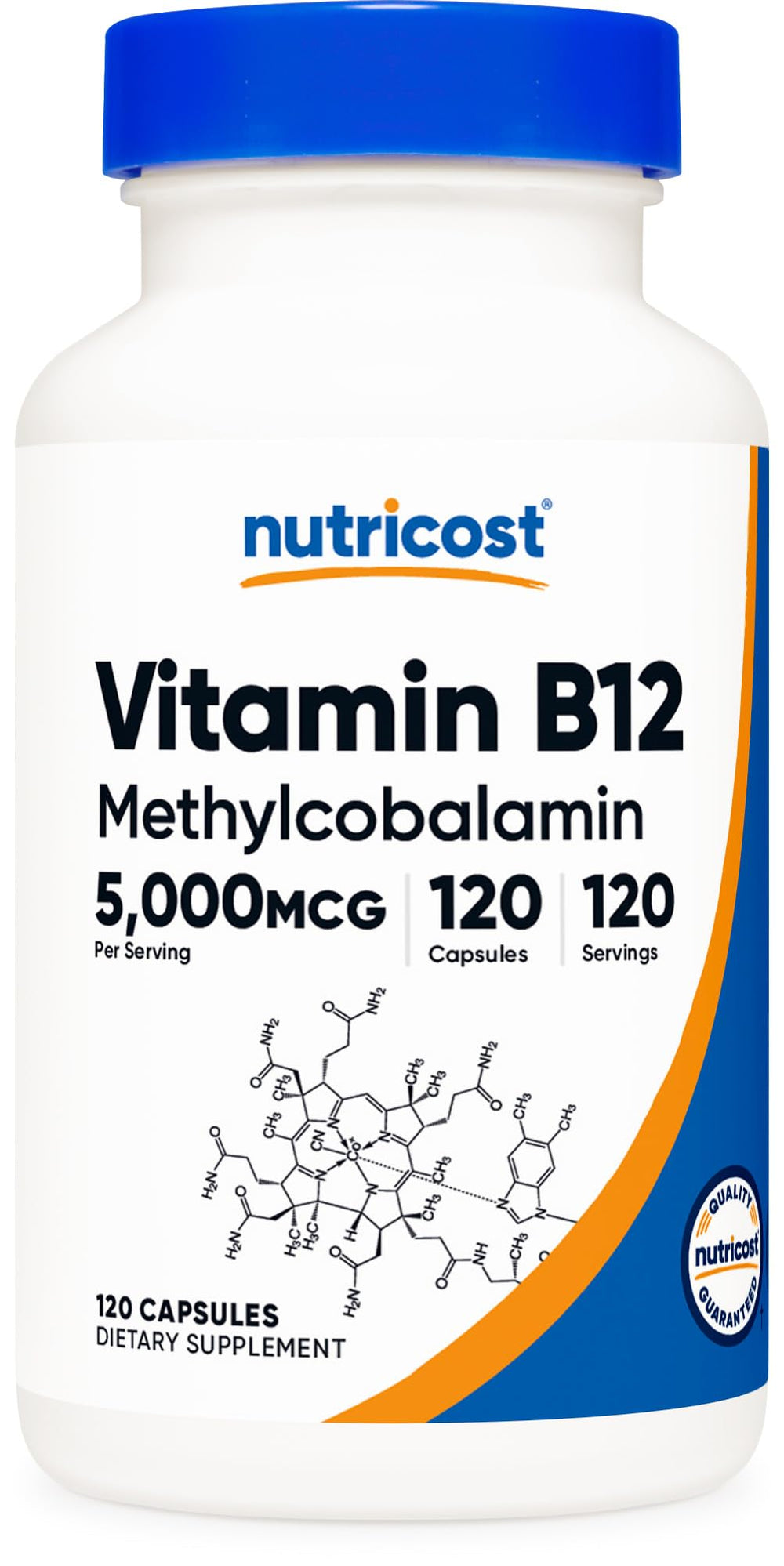 Nutricost Vitamin B12 bottle close-up showing label and 5000mcg per serving for daily use.