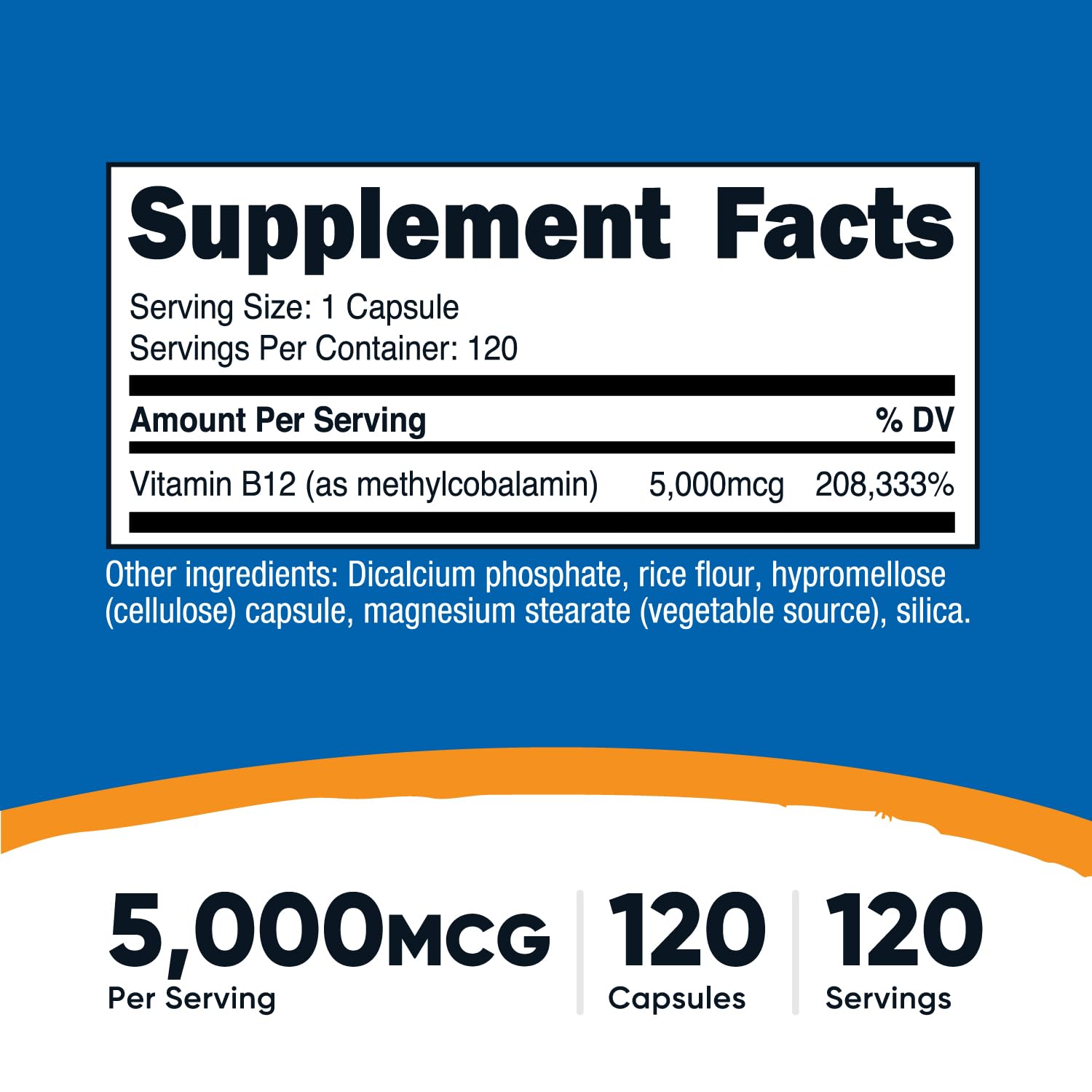 Nutricost B12 capsule exterior view highlighting vegetarian format and 5000mcg dosage.