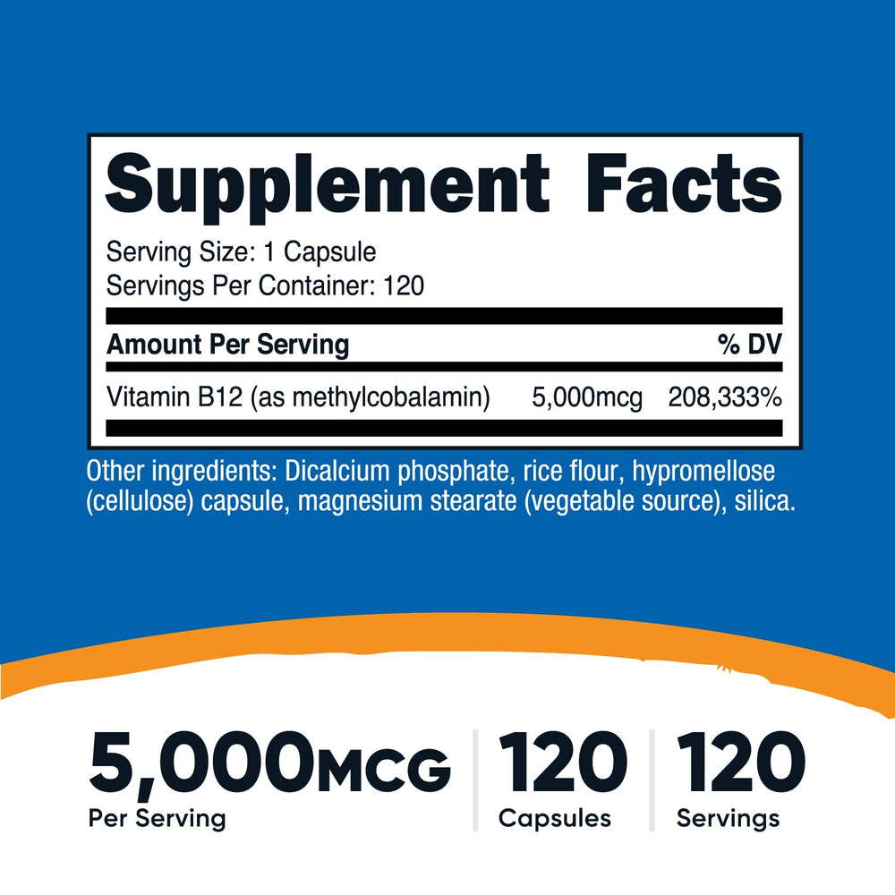 Nutricost B12 capsule exterior view highlighting vegetarian format and 5000mcg dosage.