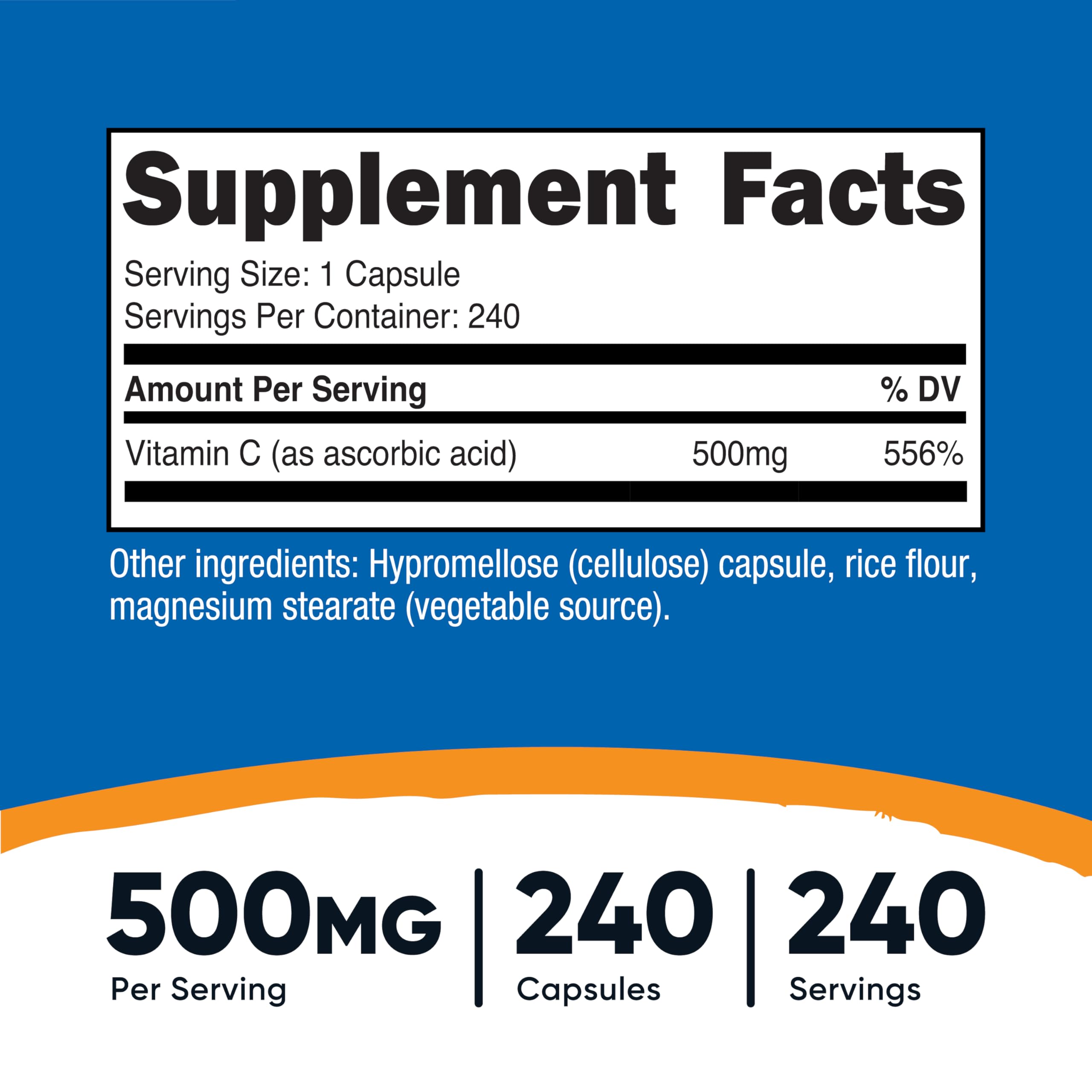 Nutricost Vitamin C 500mg bottle label highlighting quality testing