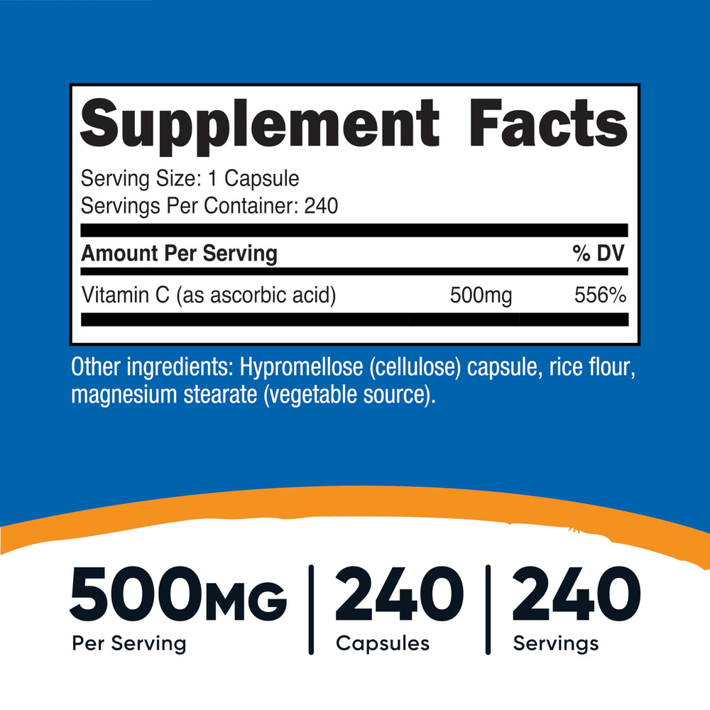 Nutricost Vitamin C 500mg bottle label highlighting quality testing